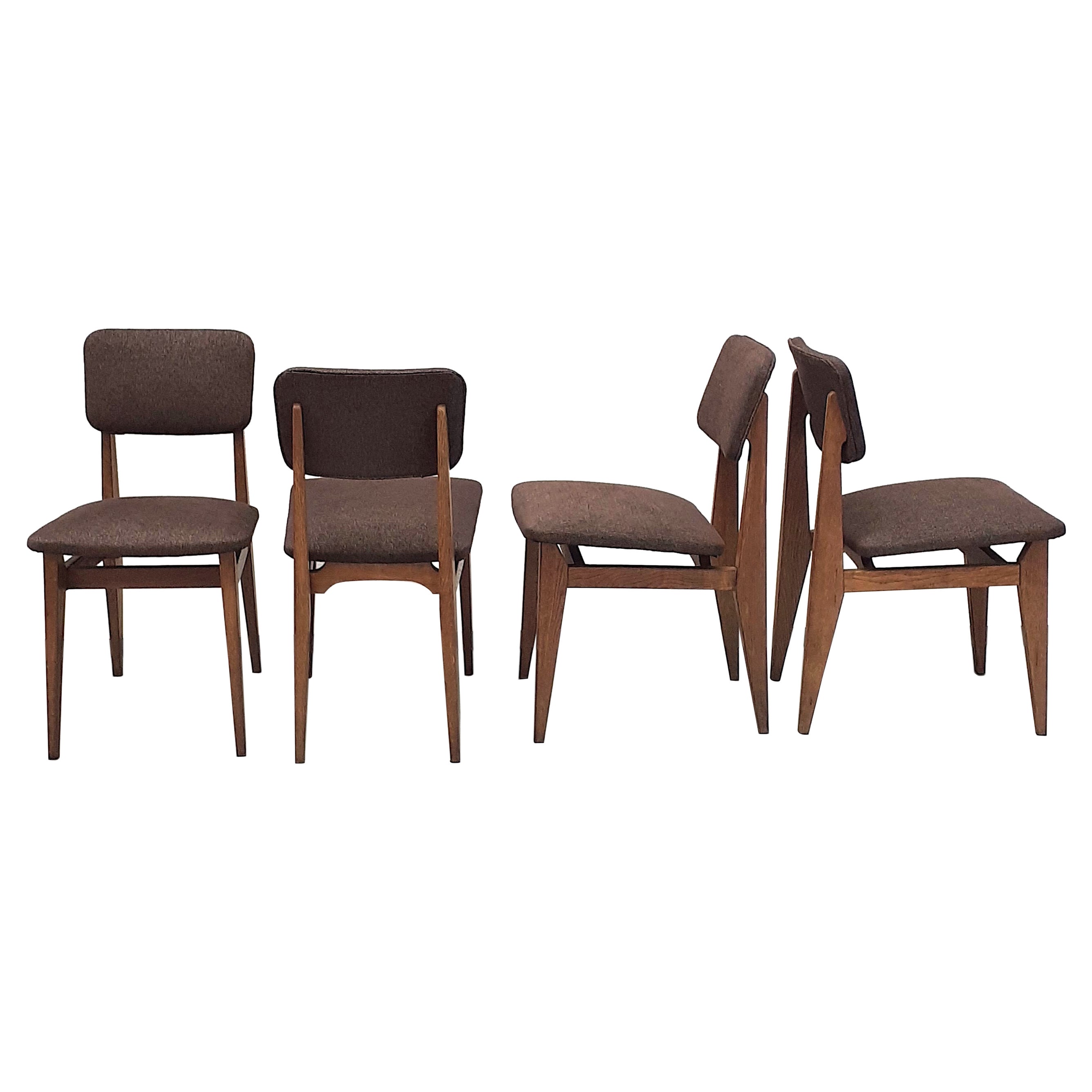 Conjunto de 4 sillas de madera y tela de Marcel Gascoin, Arhec, años 50
