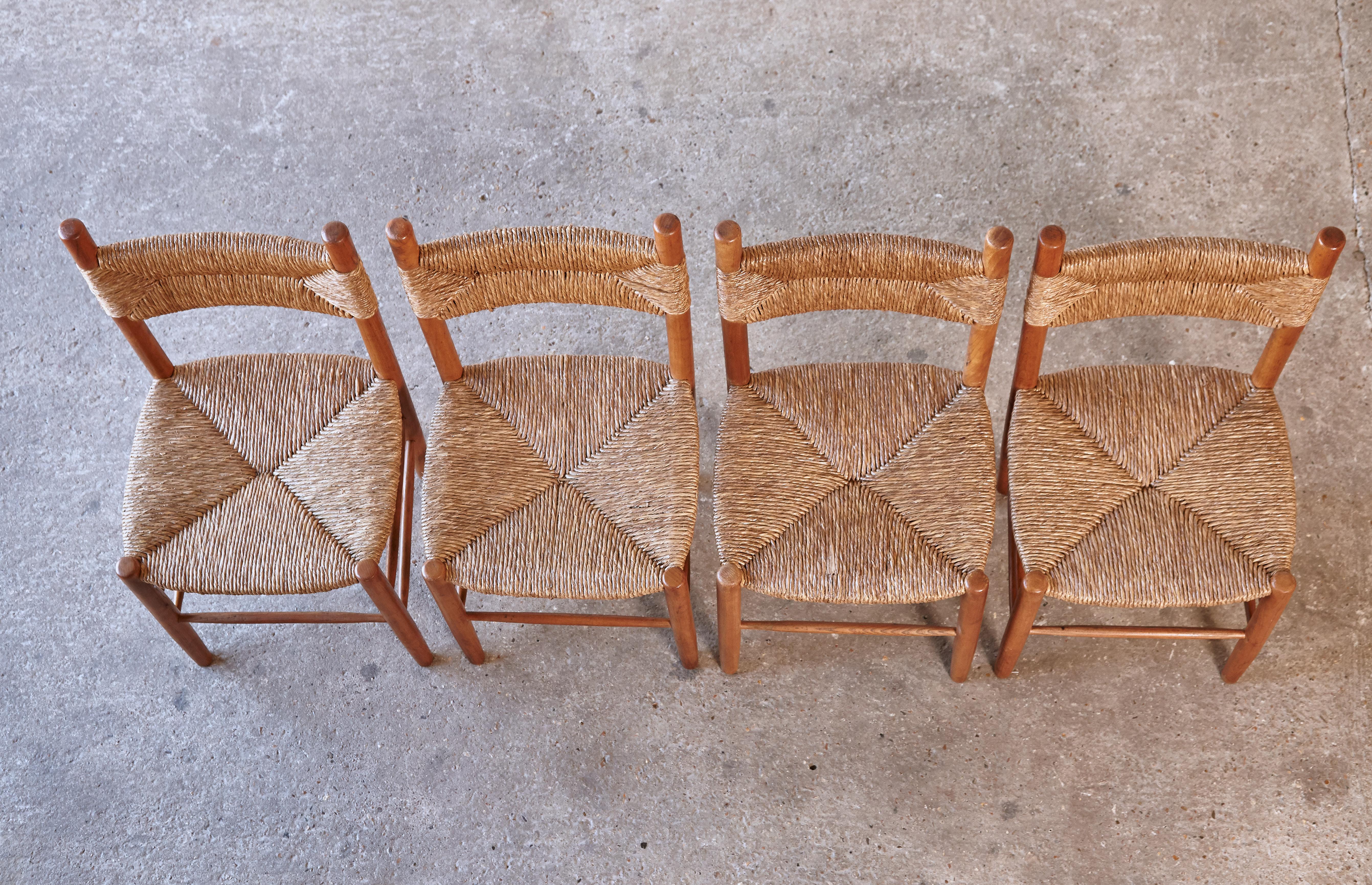 Set of 4 Wood and Rush Dining Chairs, France, 1960s, Style of Charlotte Perriand 4