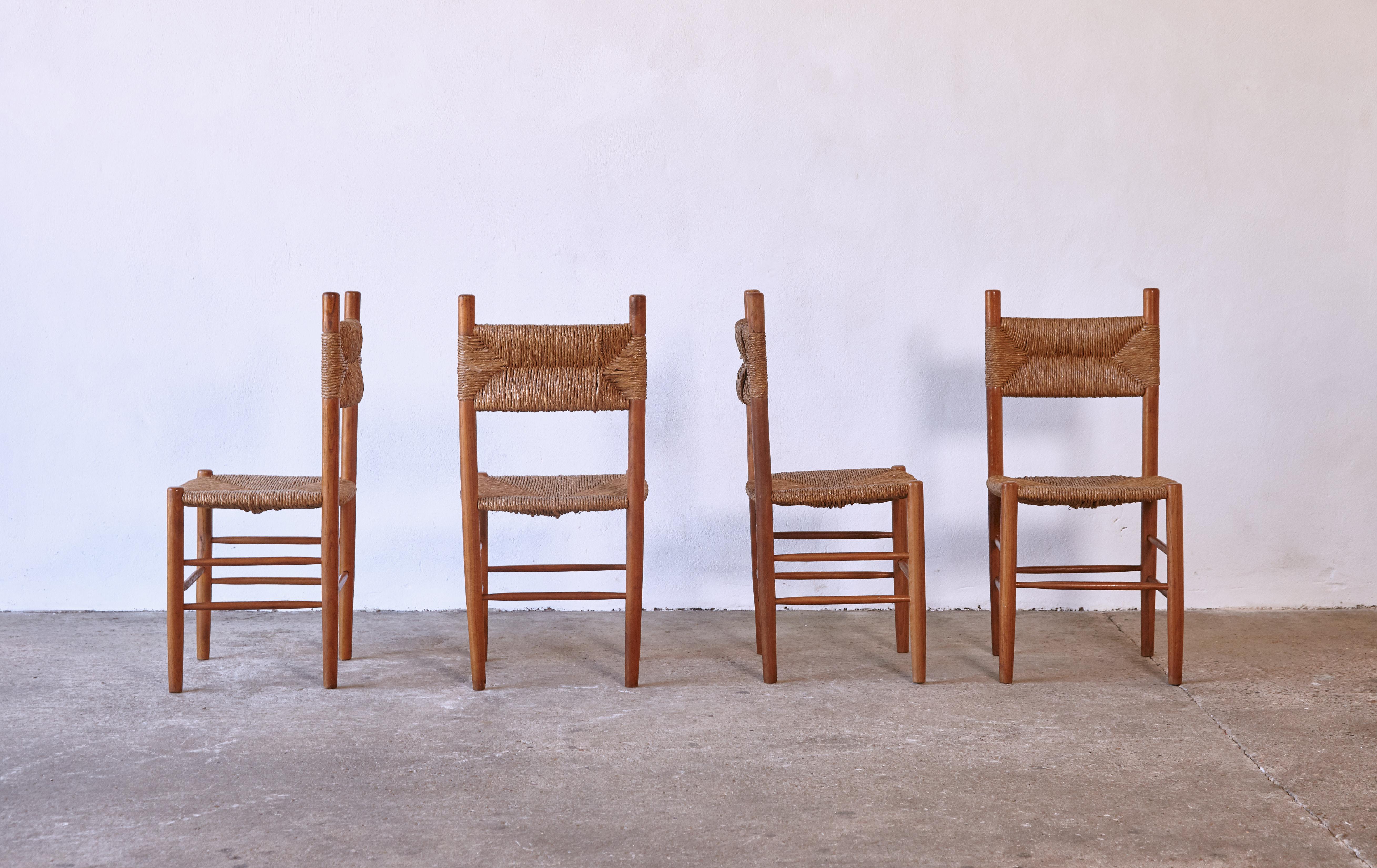 Mid-Century Modern Set of 4 Wood and Rush Dining Chairs, France, 1960s, Style of Charlotte Perriand
