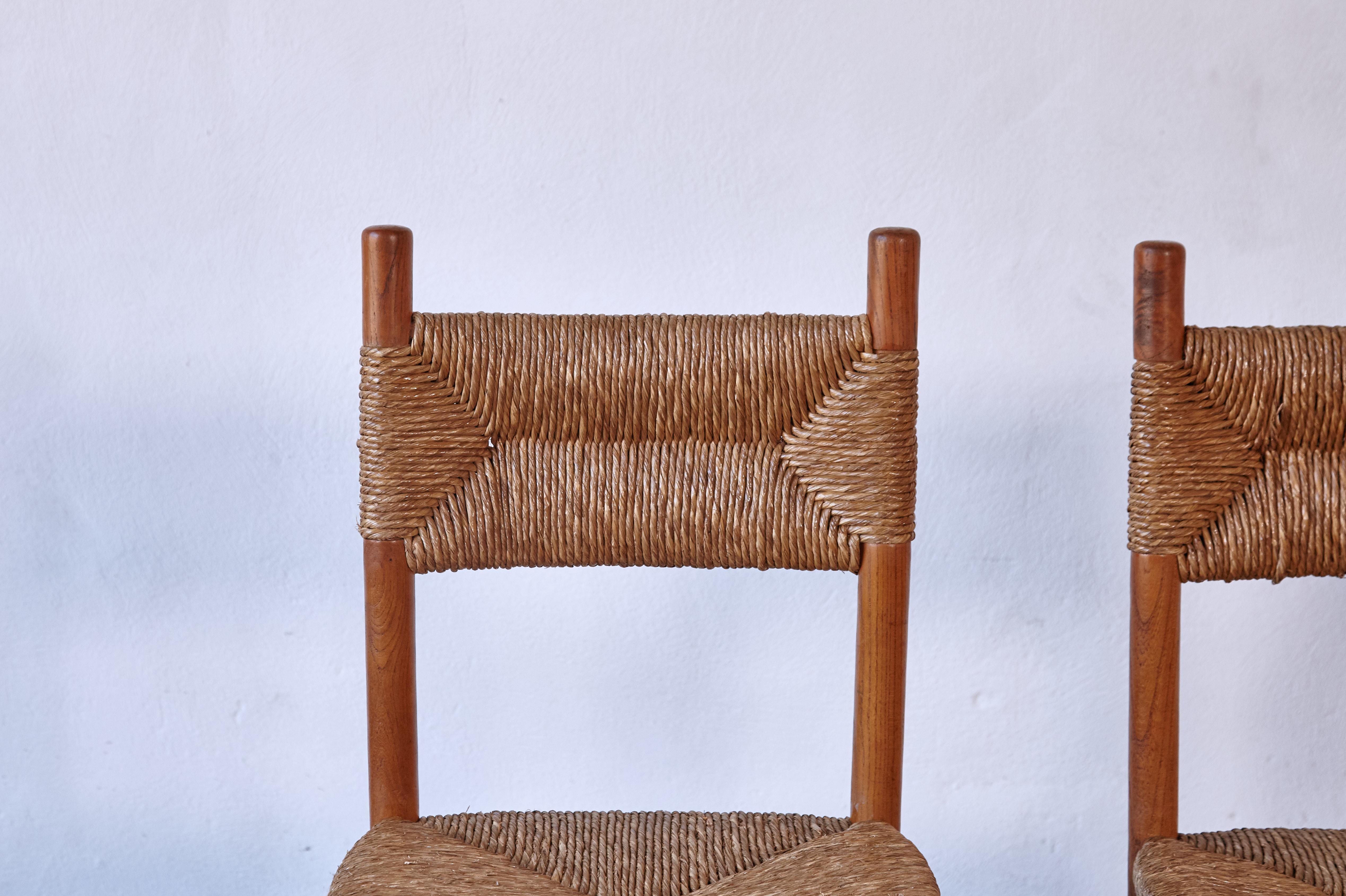 20th Century Set of 4 Wood and Rush Dining Chairs, France, 1960s, Style of Charlotte Perriand