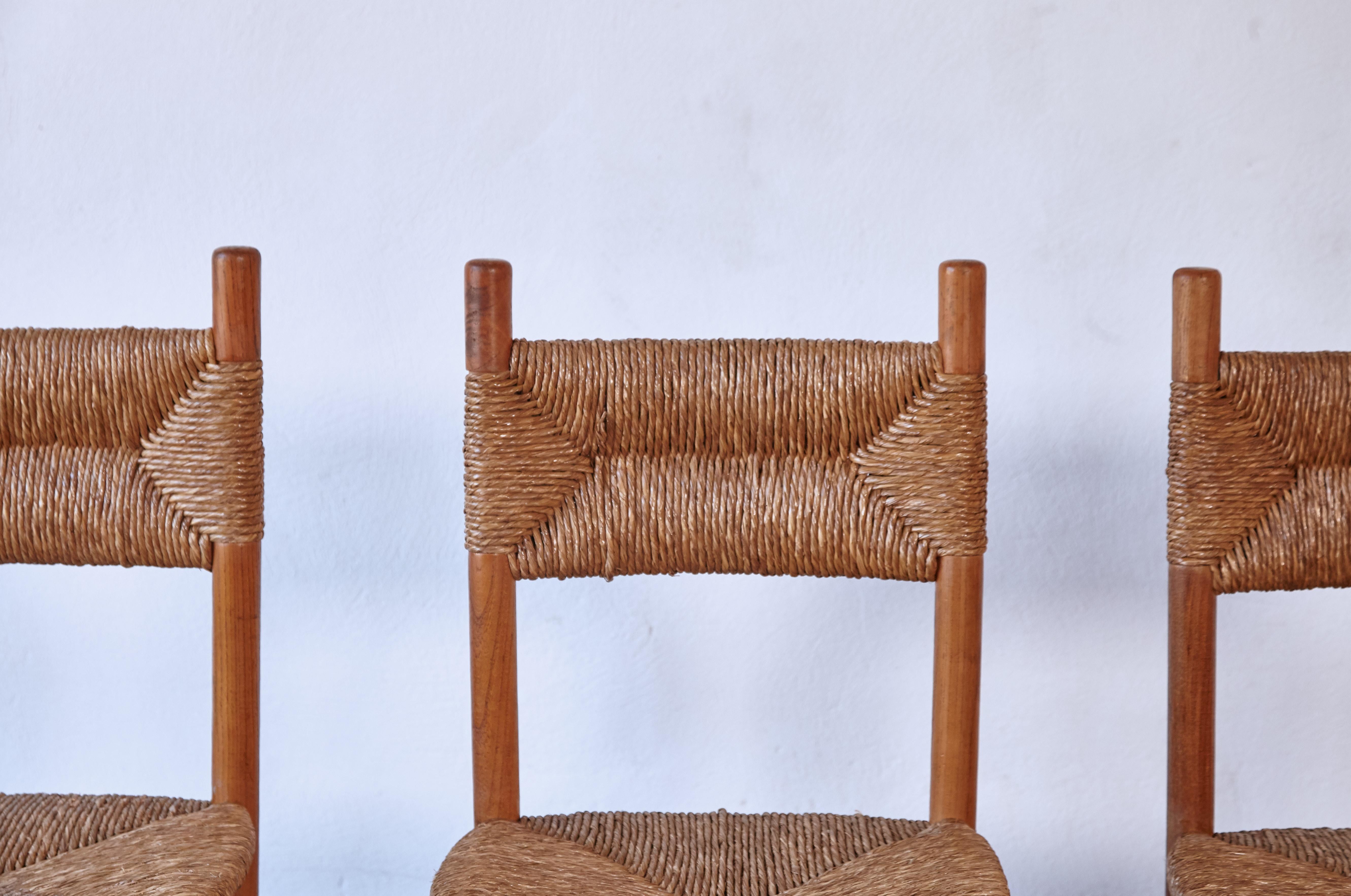 Set of 4 Wood and Rush Dining Chairs, France, 1960s, Style of Charlotte Perriand 1