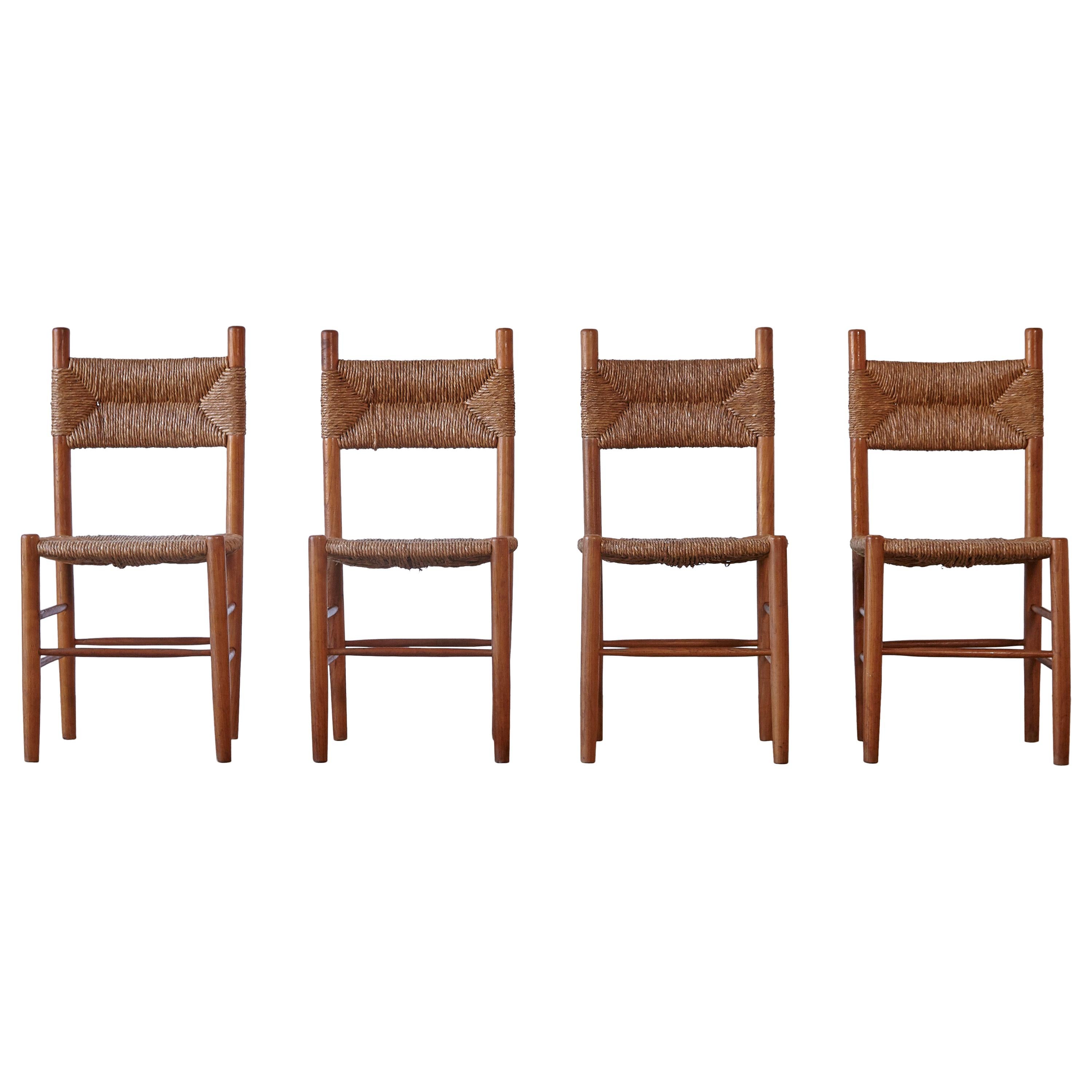 Set of 4 Wood and Rush Dining Chairs, France, 1960s, Style of Charlotte Perriand