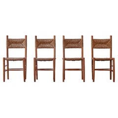 Set of 4 Wood and Rush Dining Chairs, France, 1960s, Style of Charlotte Perriand