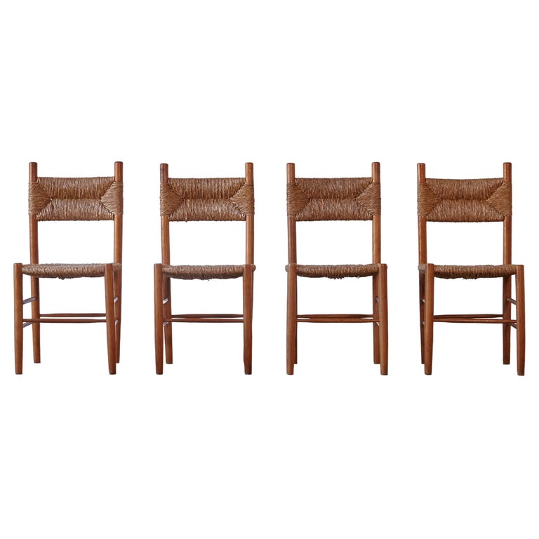 Set of 10 Rush + Black Wood Dining Chairs in the Style of Charlotte Perriand,  France 1950s — South Loop Loft
