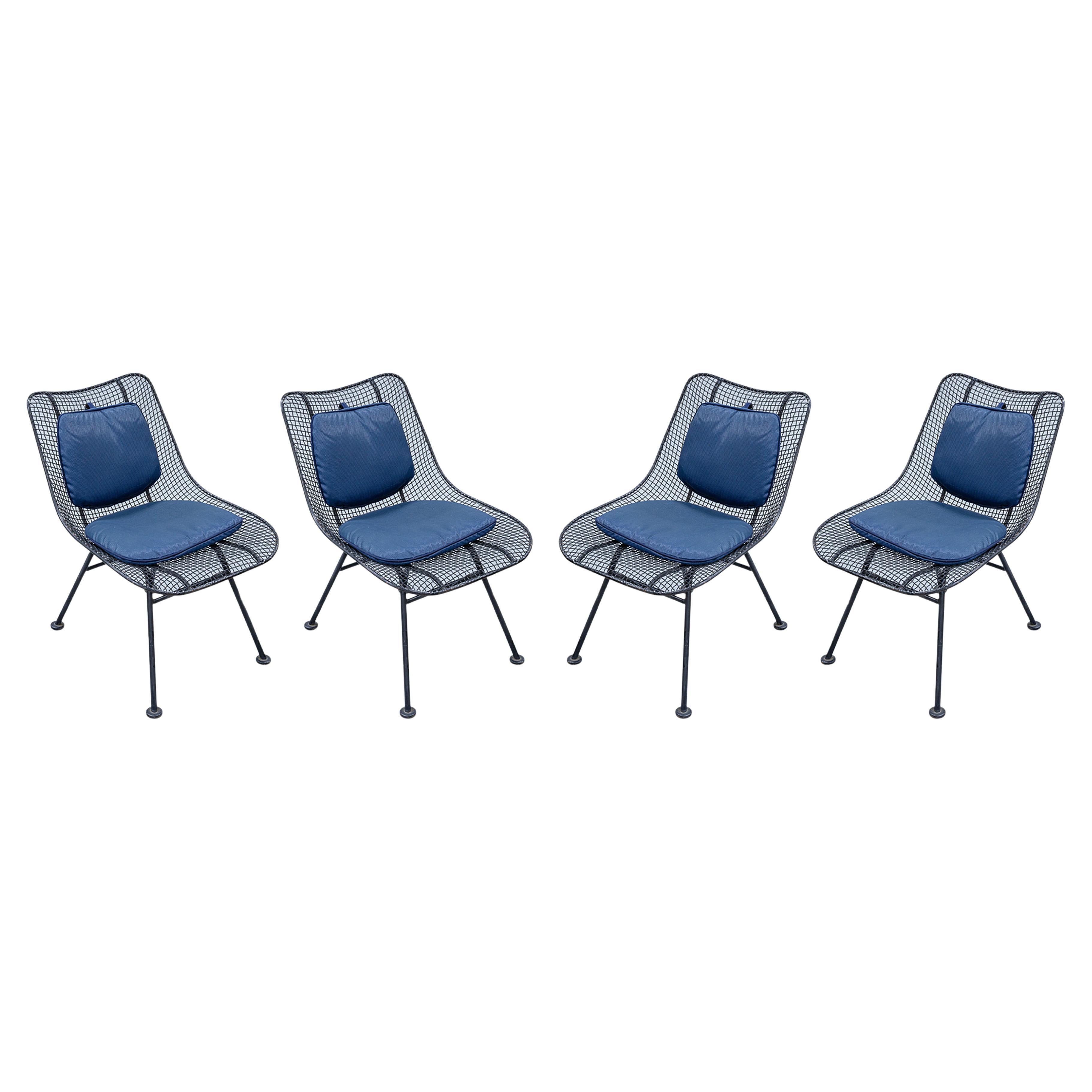 Set of 4 Woodard Sculptura Black Wrought Iron Blue Cushion Dining Patio Chairs