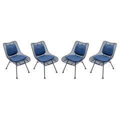 Retro Set of 4 Woodard Sculptura Black Wrought Iron Blue Cushion Dining Patio Chairs