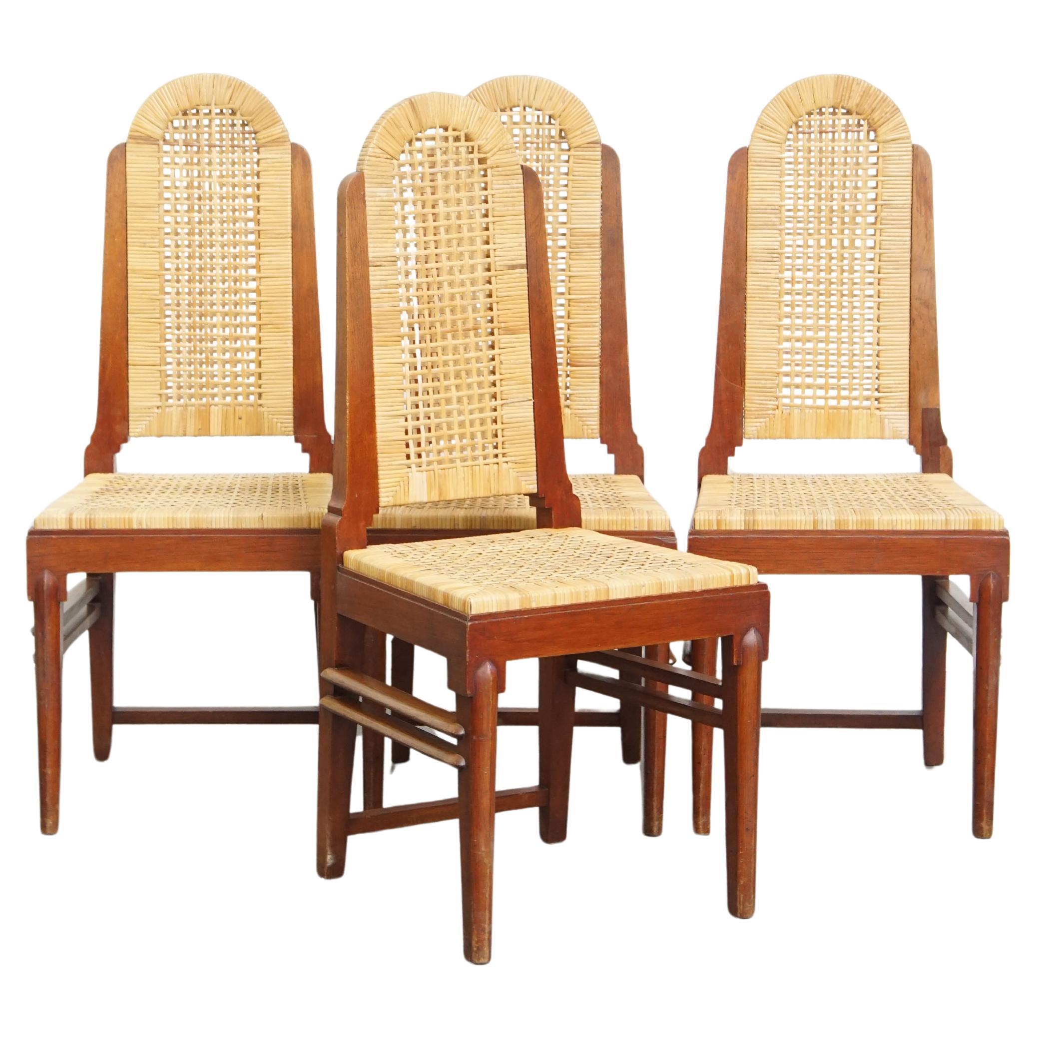 Juego de 4 sillas de comedor de madera de diseño Art Déco con asiento y respaldo de mimbre