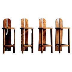 Ensemble de 4 tabourets de bar en bois avec sièges en rotin, Italie, années 1970