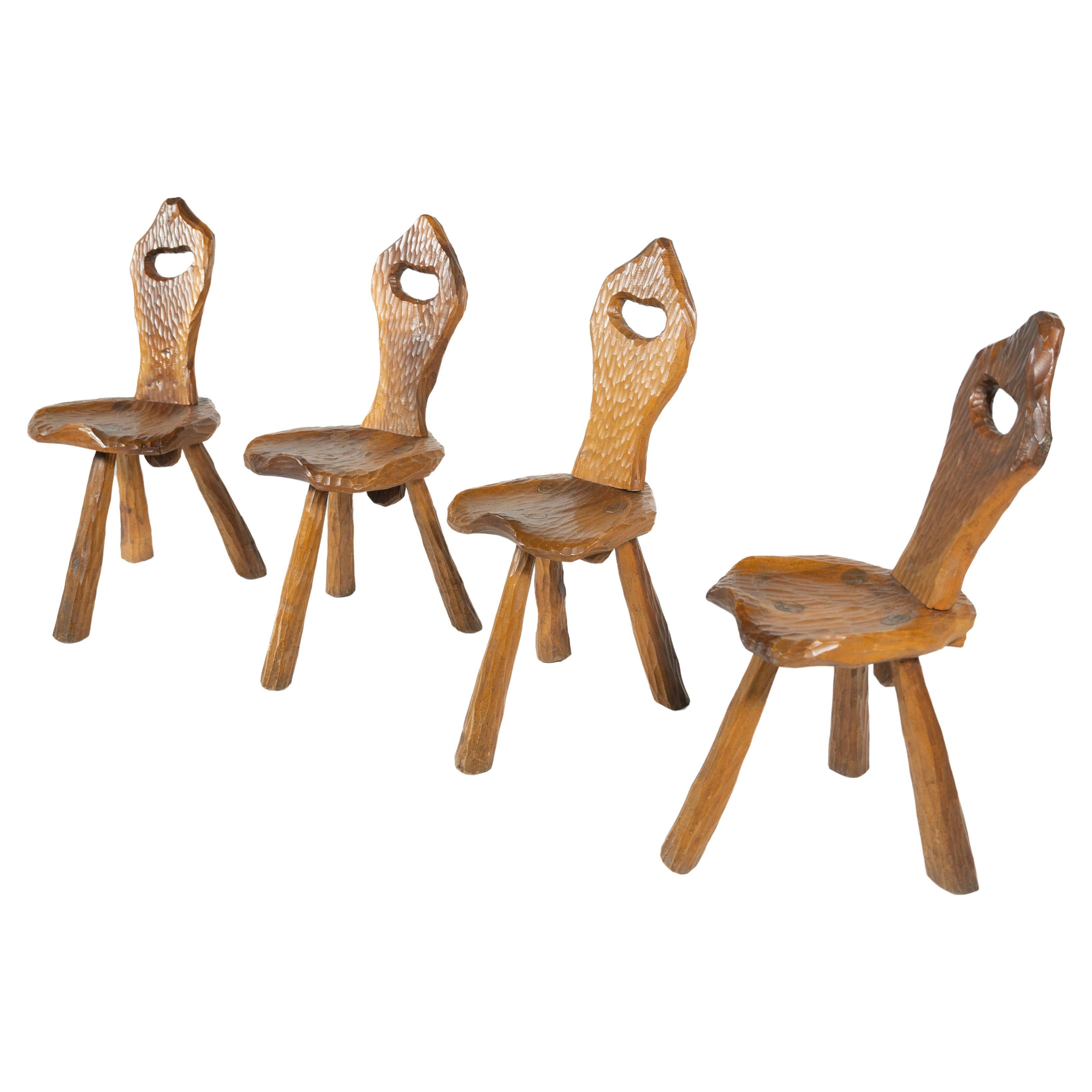 Set of 4 Wooden Brutalist Chairs, Italy, 1970s For Sale