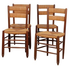 Set of 4 wooden chairs with straw seats, French craftsmanship, 1950