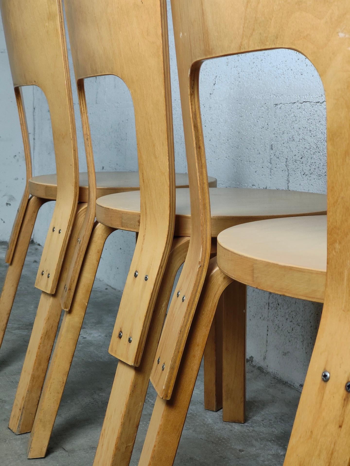 Set of 4 Wooden Dining Chairs 66 Model by Alvar Aalto for Artek, 60s 5