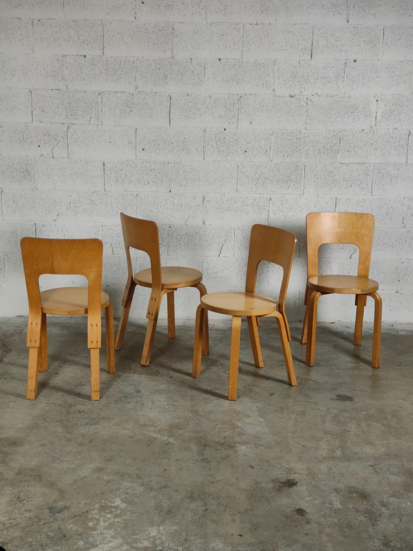 Mid-Century Modern Set of 4 Wooden Dining Chairs 66 Model by Alvar Aalto for Artek, 60s