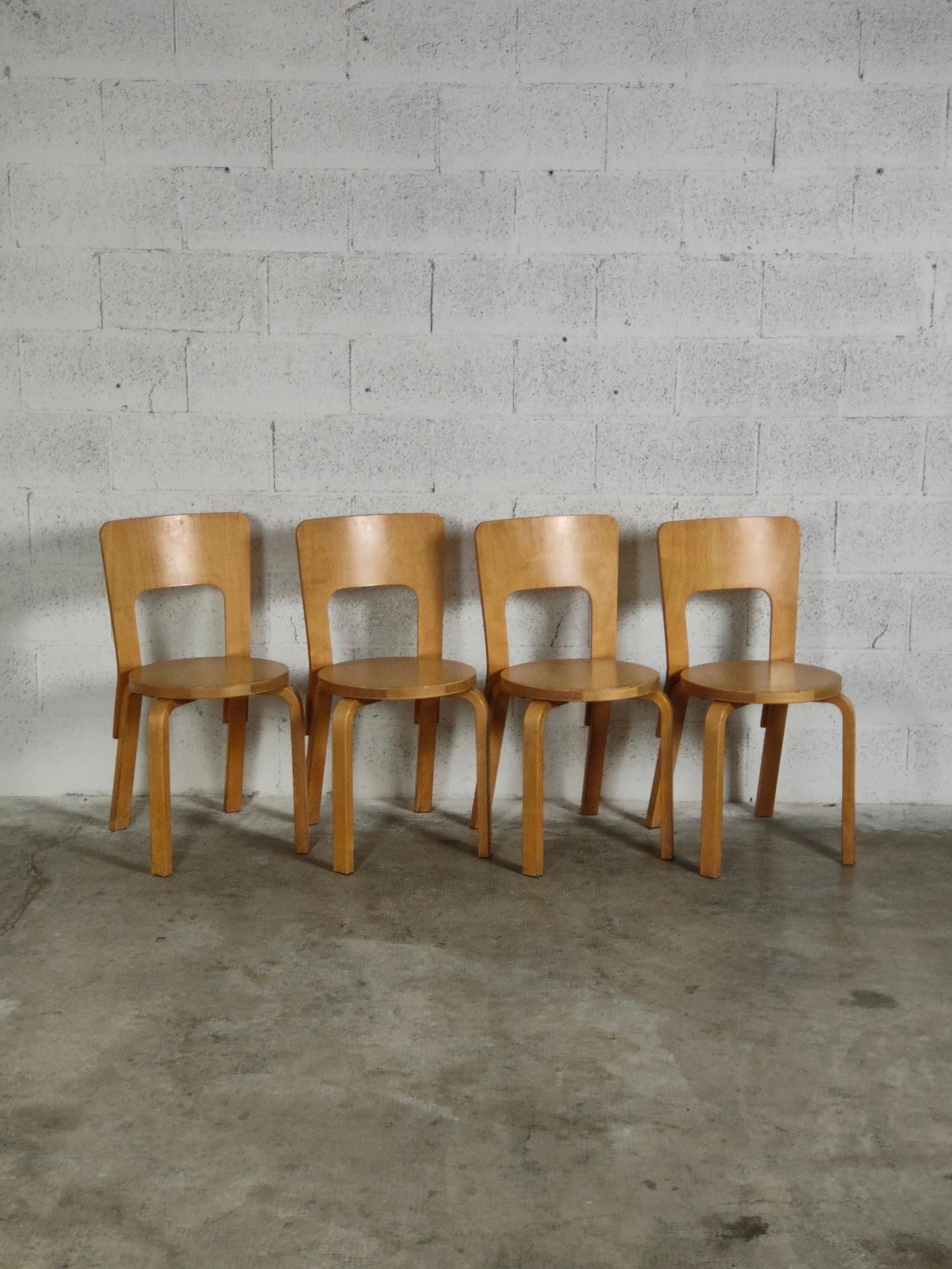 Swedish Set of 4 Wooden Dining Chairs 66 Model by Alvar Aalto for Artek, 60s