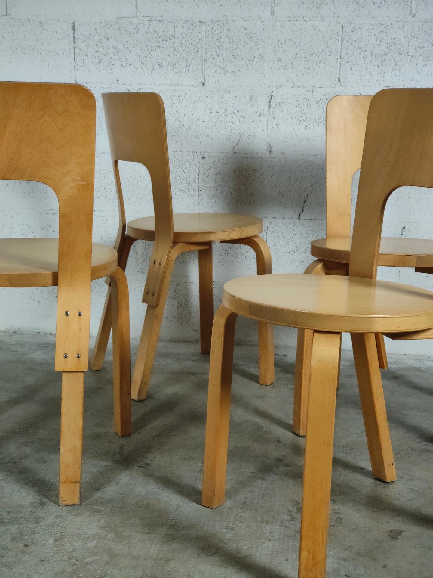 Mid-20th Century Set of 4 Wooden Dining Chairs 66 Model by Alvar Aalto for Artek, 60s