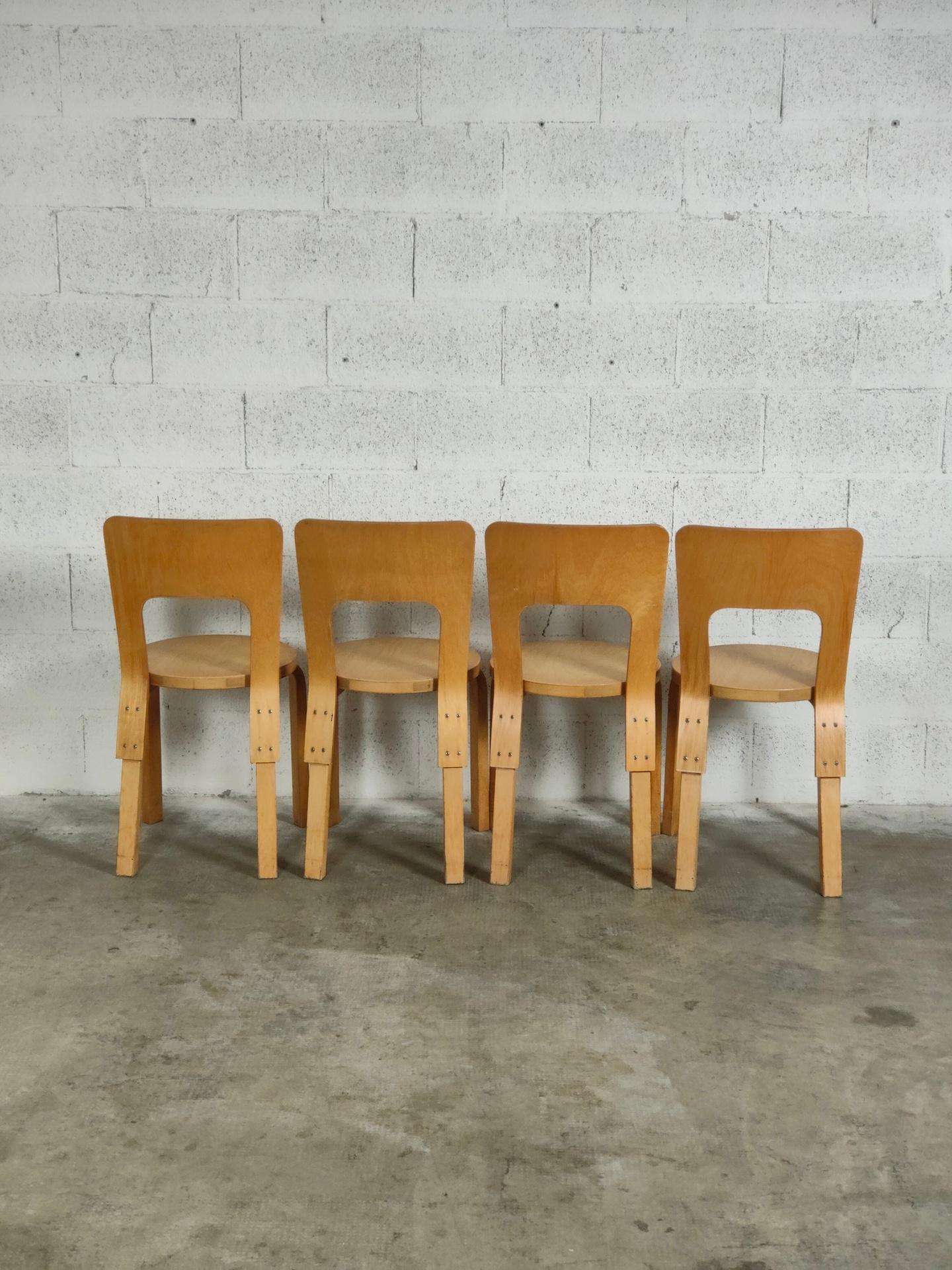 Set of 4 Wooden Dining Chairs 66 Model by Alvar Aalto for Artek, 60s 1