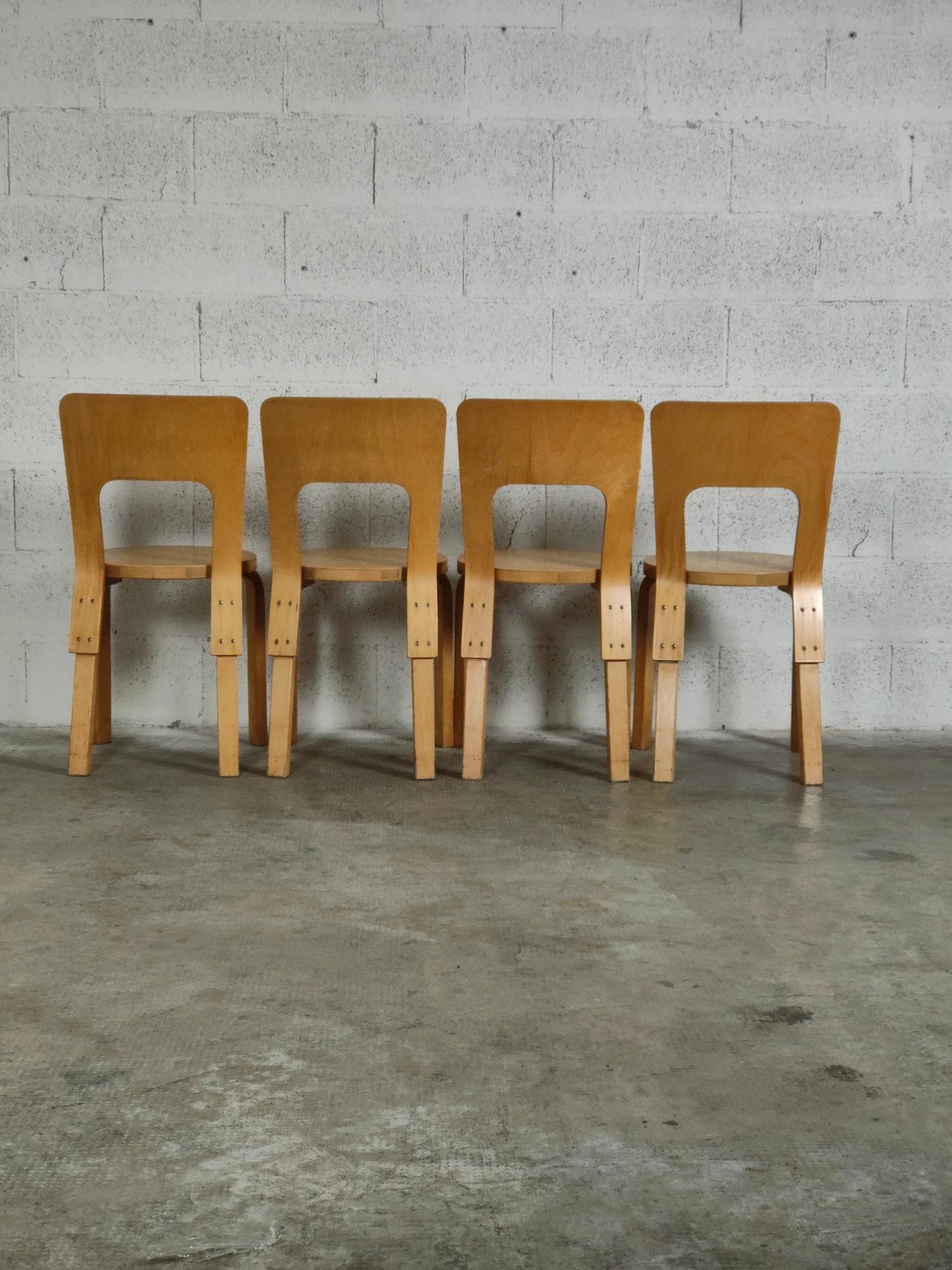 Set of 4 Wooden Dining Chairs 66 Model by Alvar Aalto for Artek, 60s 2