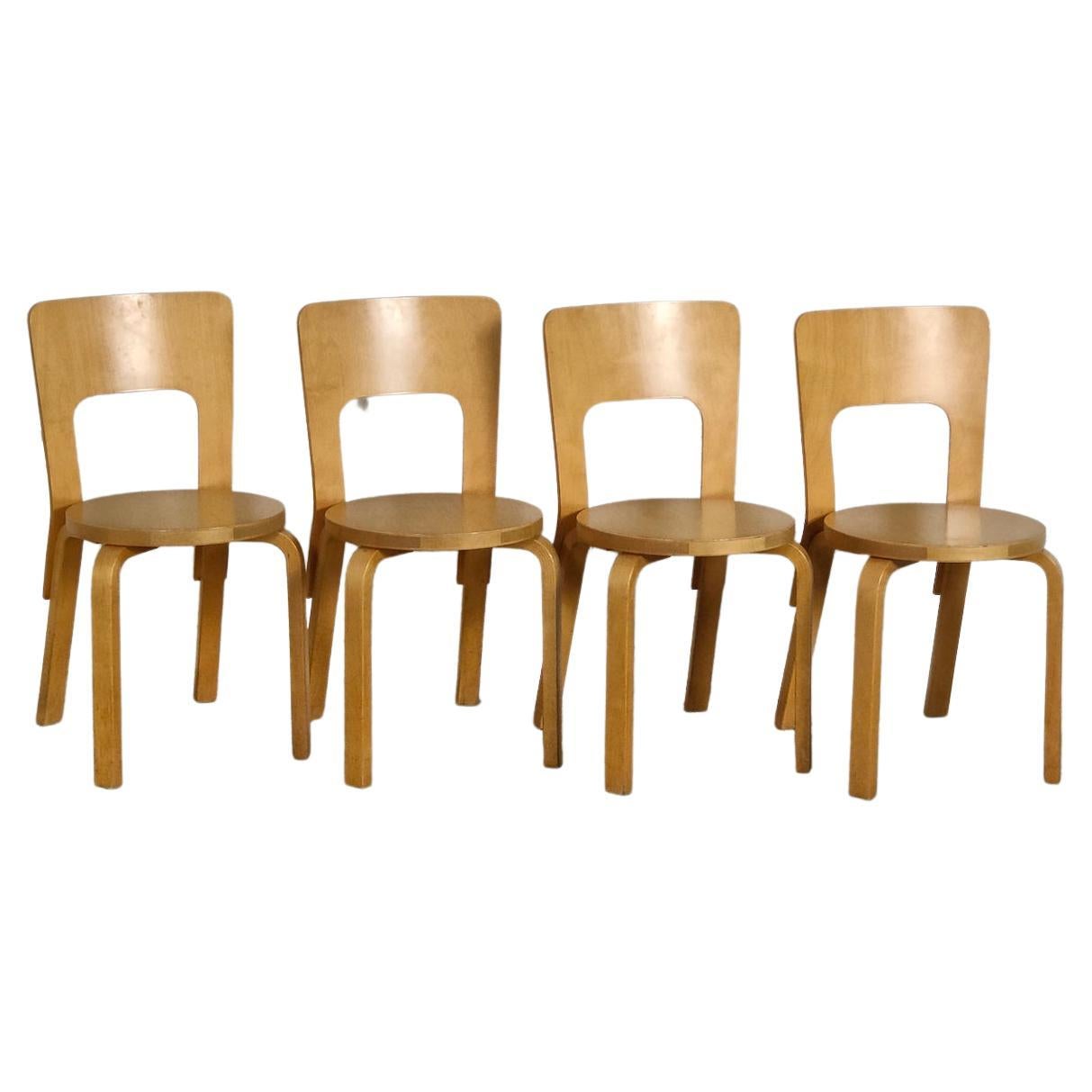 Set of 4 Wooden Dining Chairs 66 Model by Alvar Aalto for Artek, 60s