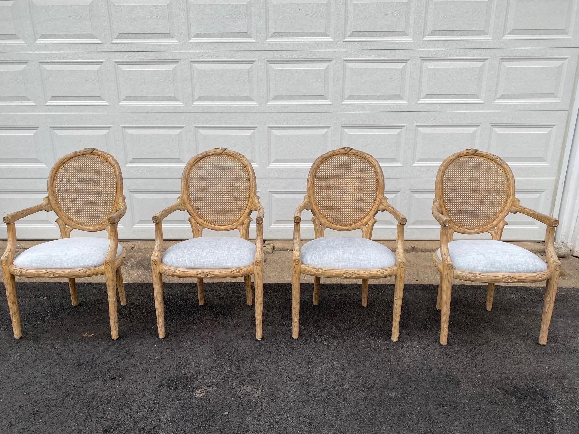 Upholstery Set of 4 Wooden Faux Bois Dining Armchairs For Sale