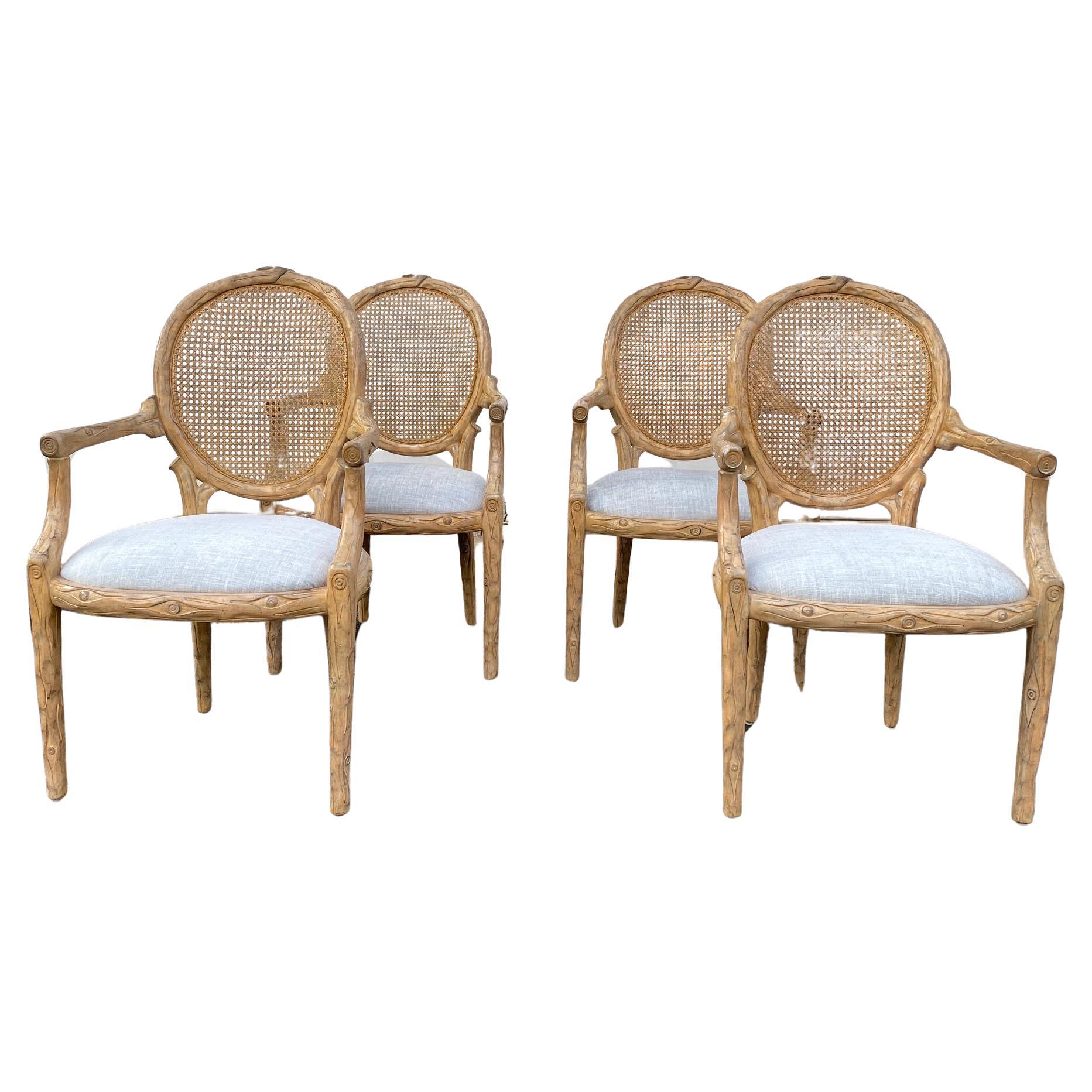 Set of 4 Wooden Faux Bois Dining Armchairs For Sale
