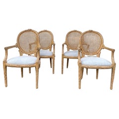 Vintage Set of 4 Wooden Faux Bois Dining Armchairs