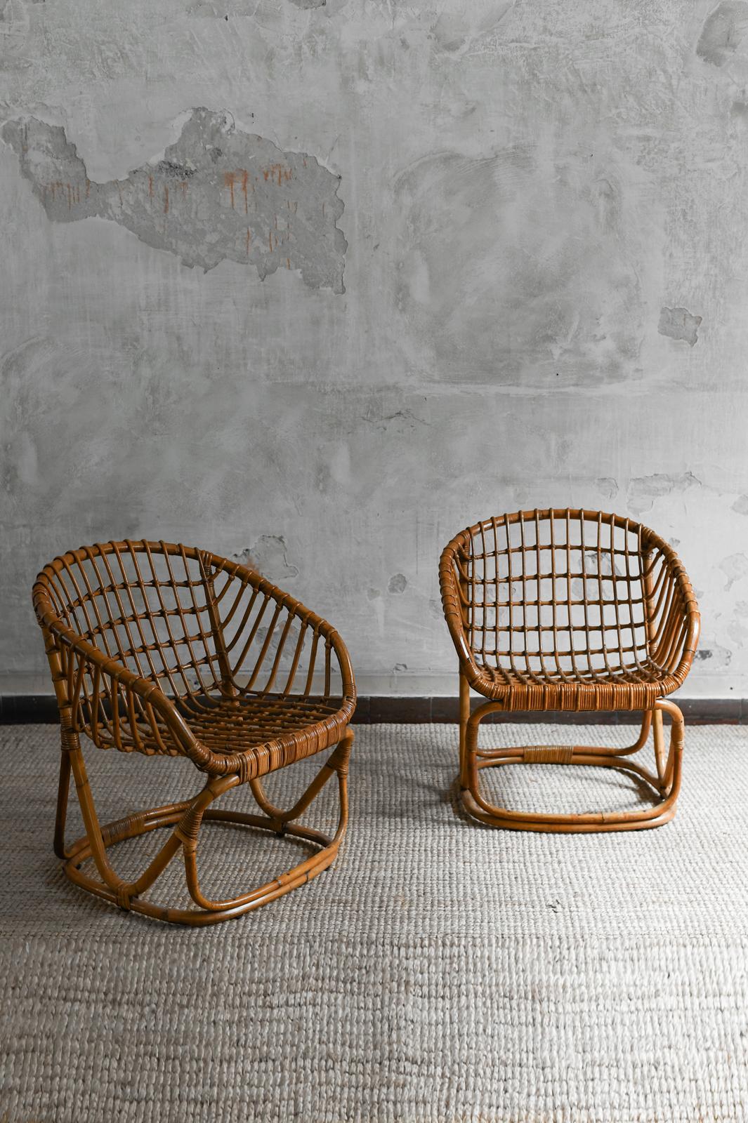 italien Ensemble de 4 fauteuils en bambou tissé dans le style de Tito Agnoli, 1970 en vente