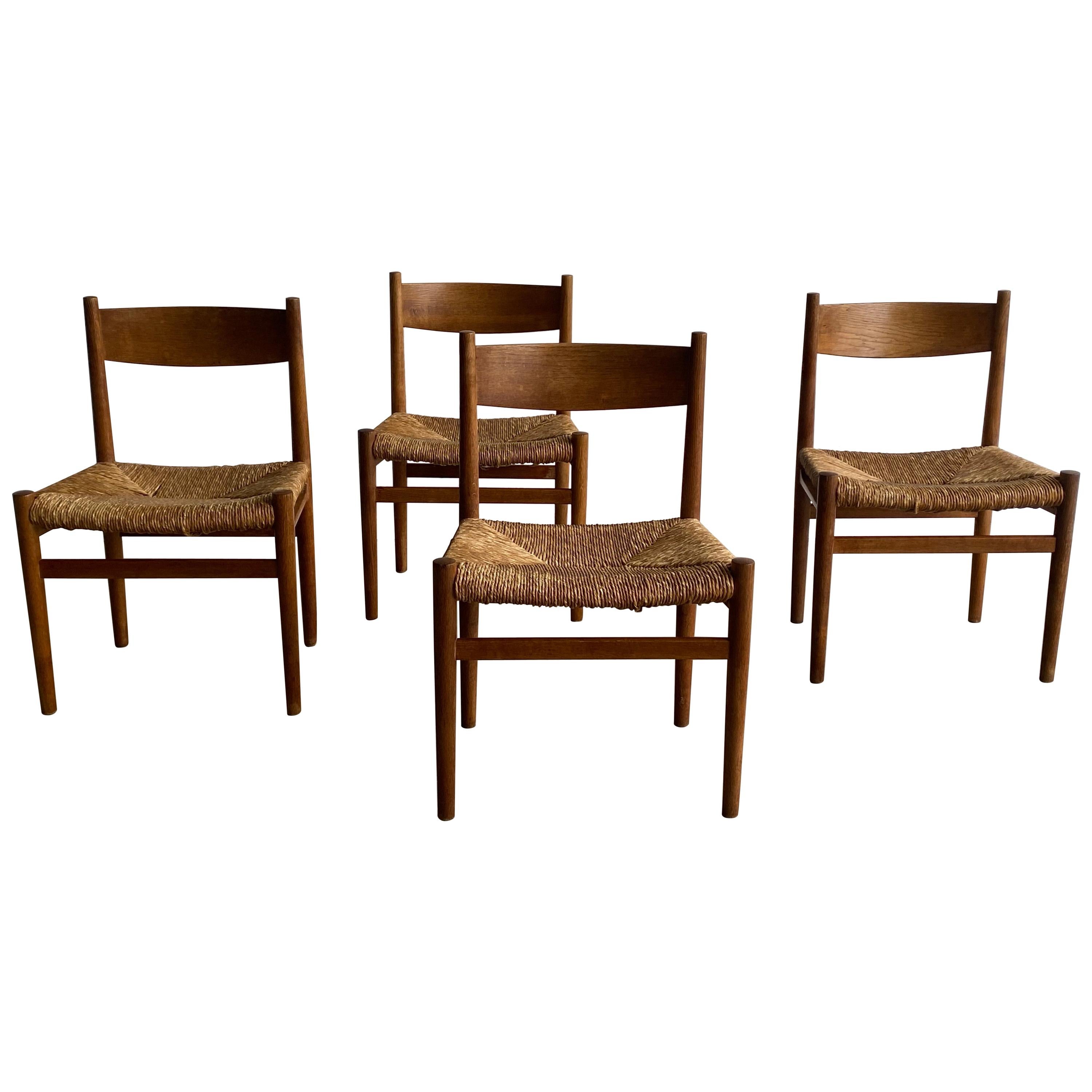 Set of 4 Woven Rush Danish Design Dining Room Chairs in Oak