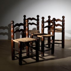Juego de 4 sillas de comedor de paja trenzada al estilo de Charles Dudouyt, Francia, 1940