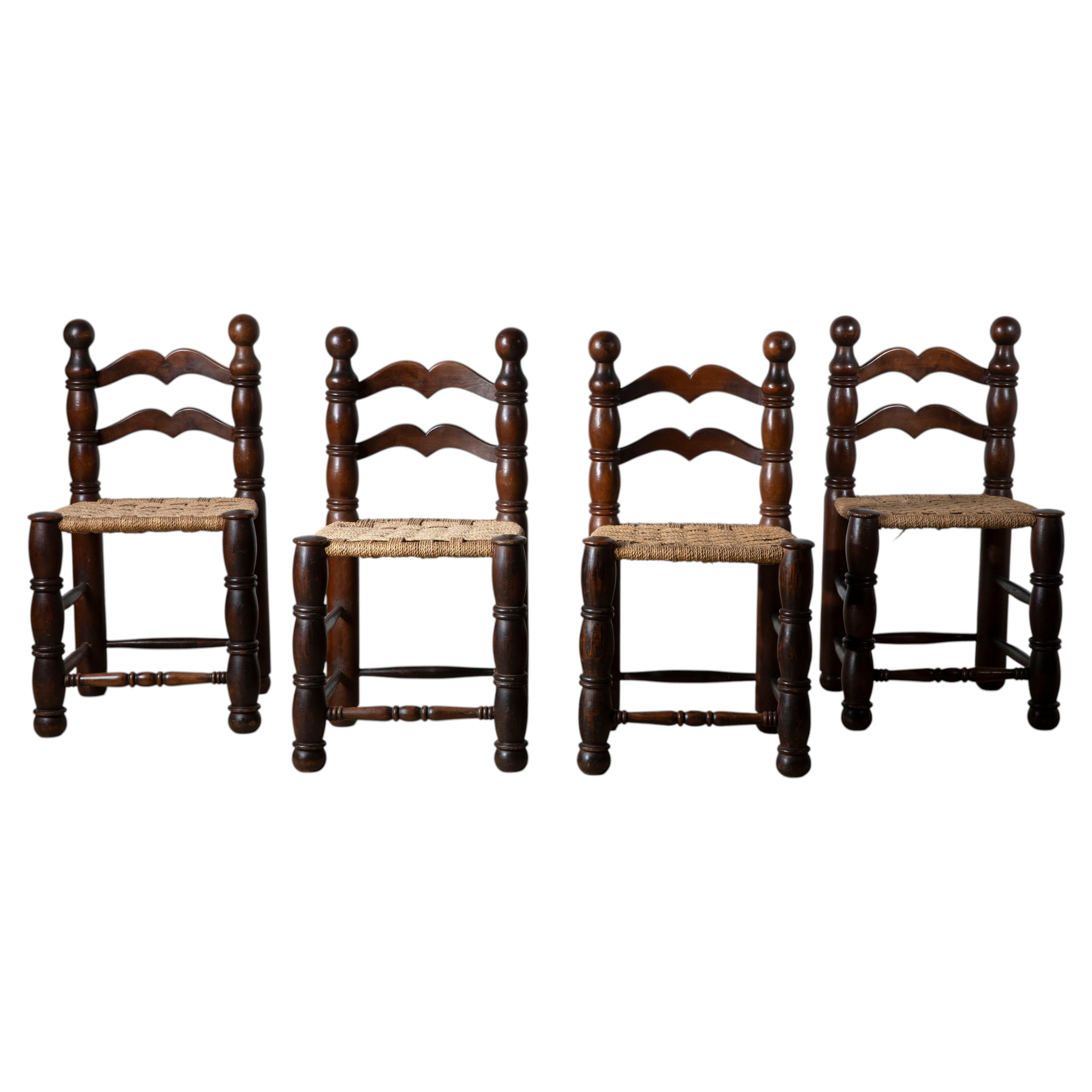 Set of 4 Woven Straw Dining Chairs in the Style of Charles Dudouyt, France, 1940