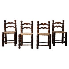 Juego de 4 sillas de comedor de paja trenzada al estilo de Charles Dudouyt, Francia, 1940