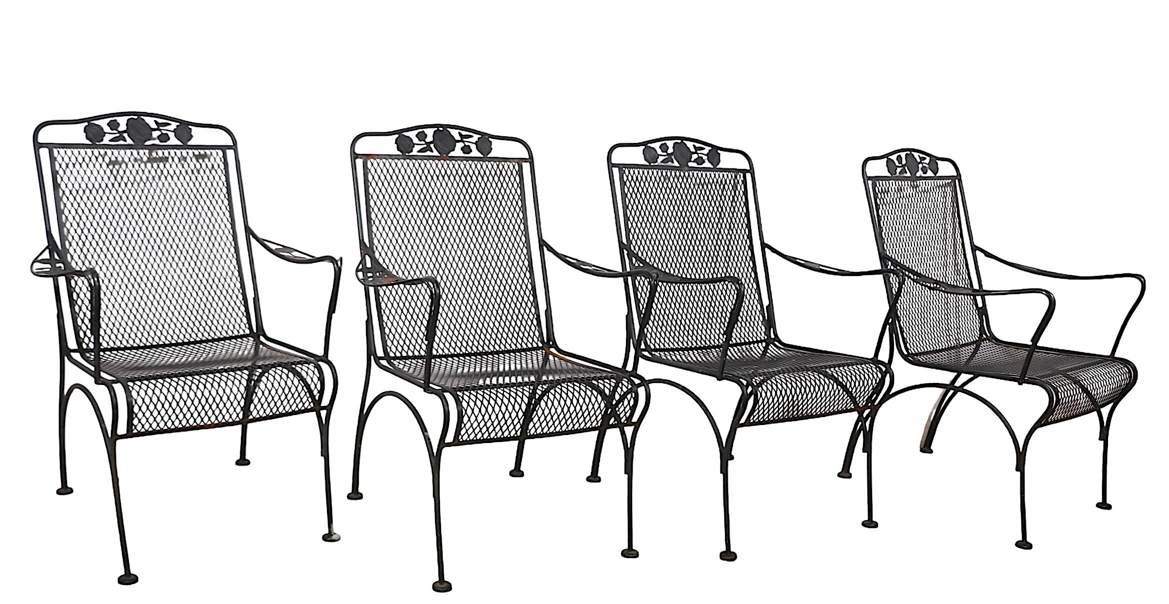 Hollywood Regency Ensemble de 4 chaises de salle à manger en fer forgé pour jardin, patio et poolside Meadowcraft Briarwood en vente