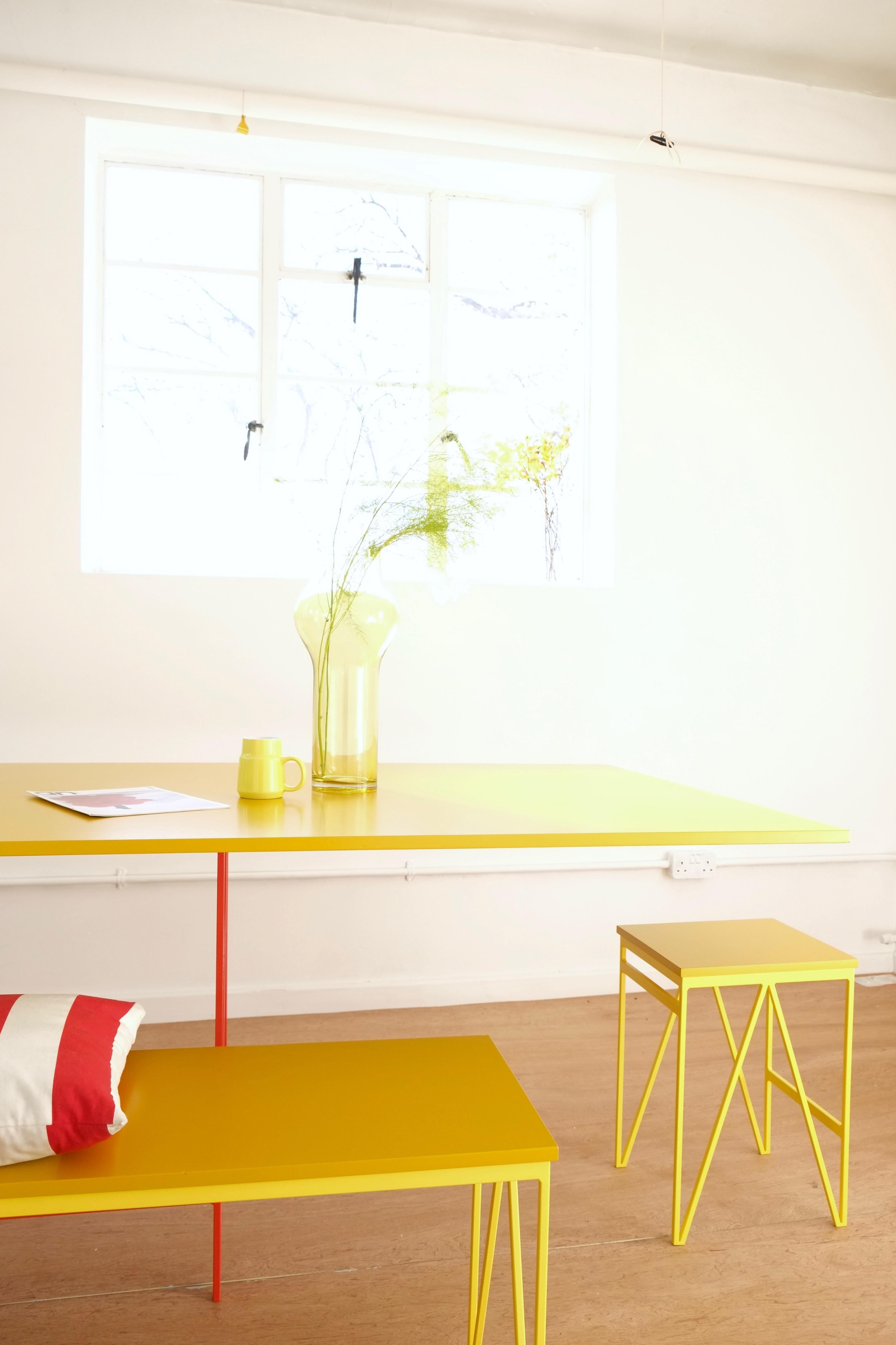 The color play stools are part of &New’s color play dining room collection, which consists of dining tables, benches, stools and cabinets made in Britain by local craftsmen. The design of the collection was driven by function and the minimal & new
