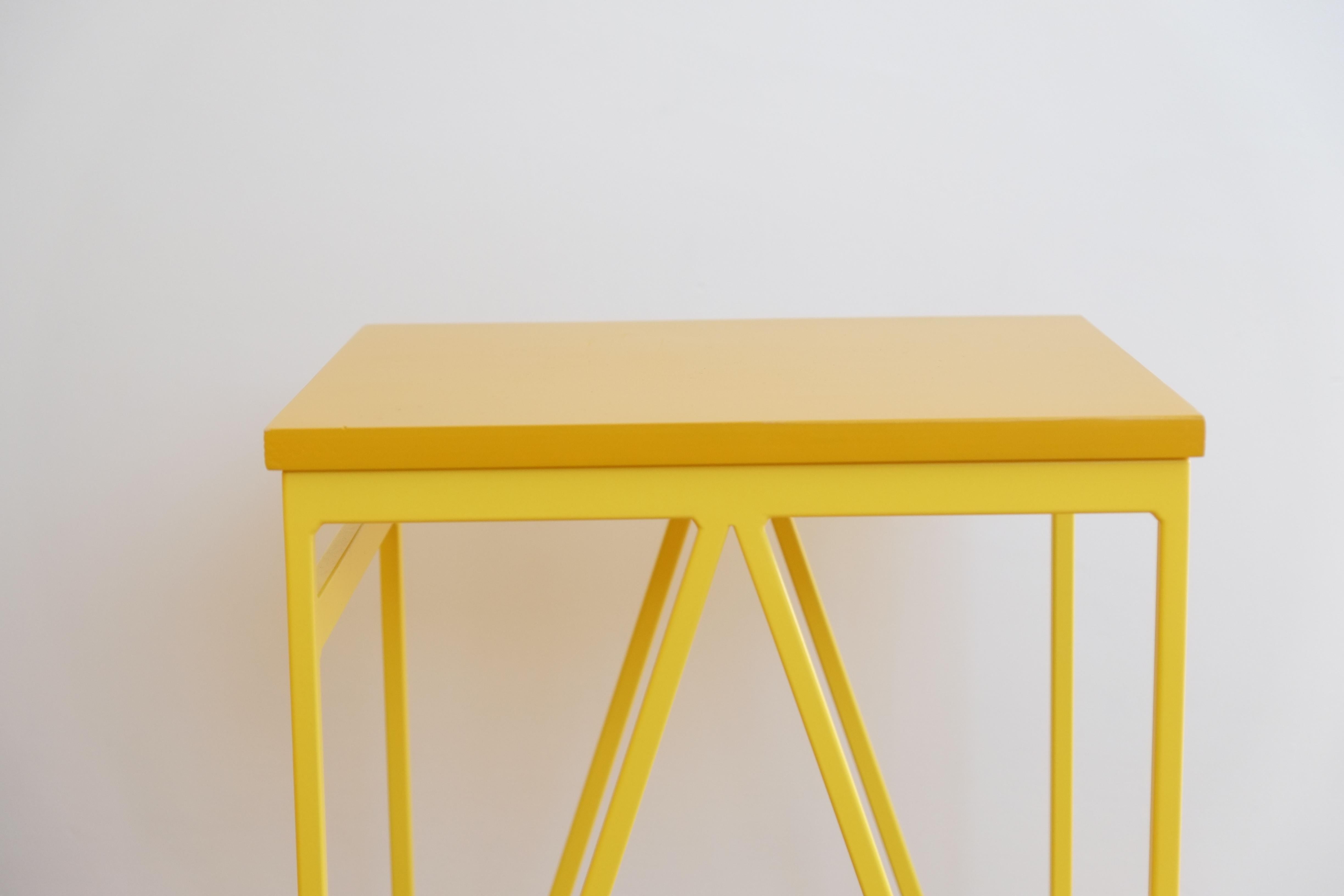British Set of 4 Yellow Colour Play Steel and Wood Stools For Sale