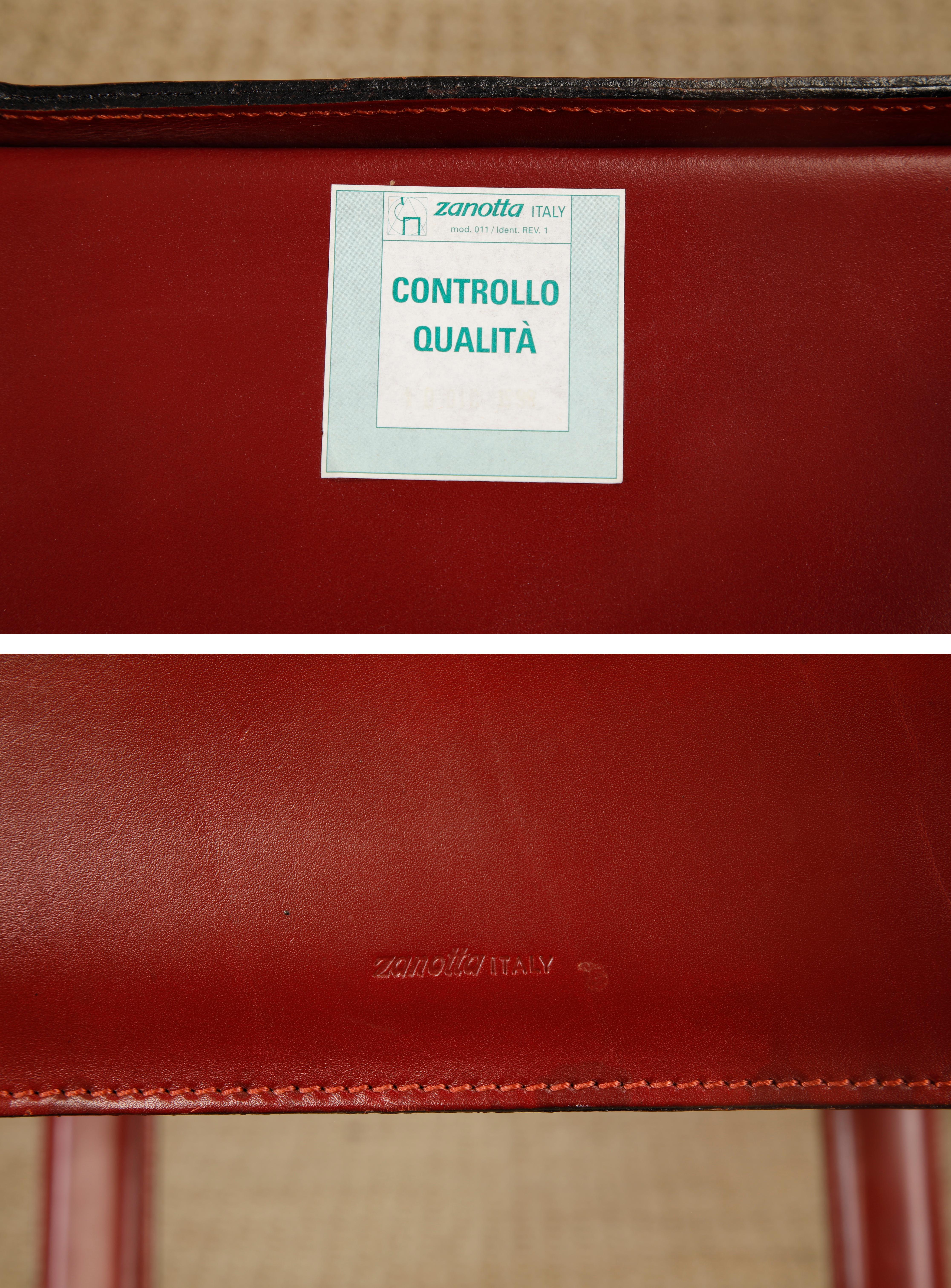 Set of 4 Zanotta Burgundy Leather Dining Chairs, Italy, 1980s, Signed For Sale 14