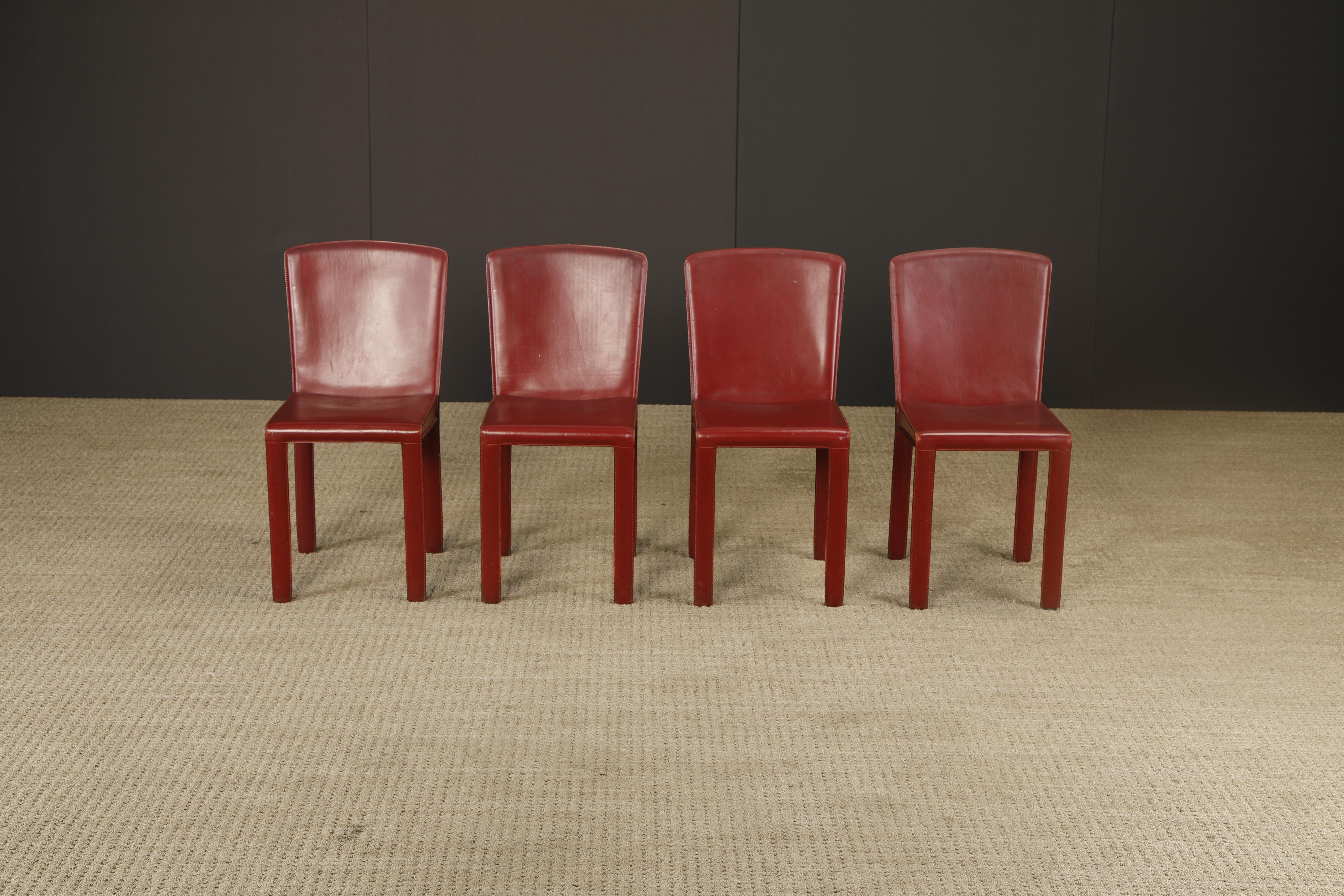 Mid-Century Modern Set of 4 Zanotta Burgundy Leather Dining Chairs, Italy, 1980s, Signed For Sale