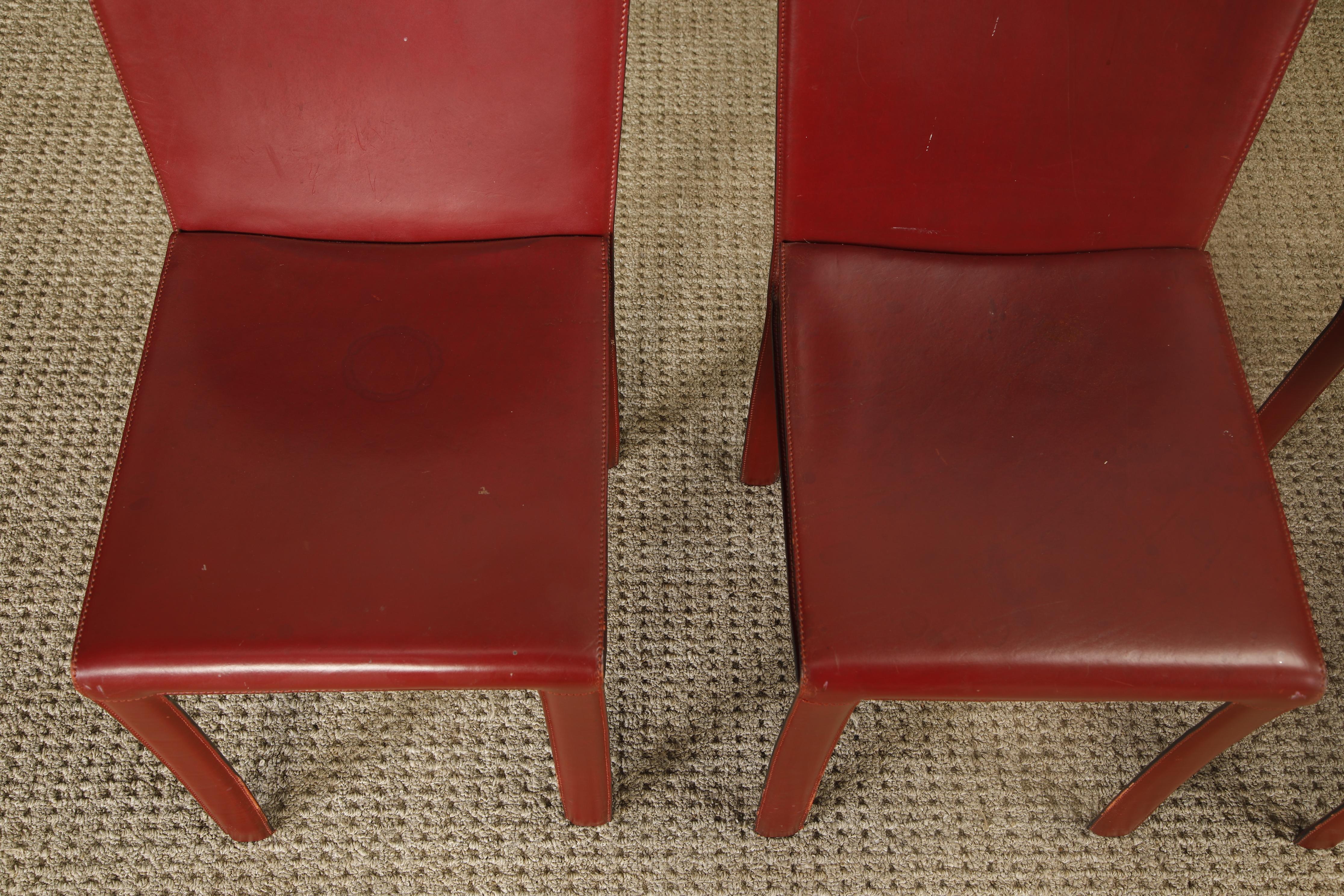 Italian Set of 4 Zanotta Burgundy Leather Dining Chairs, Italy, 1980s, Signed For Sale
