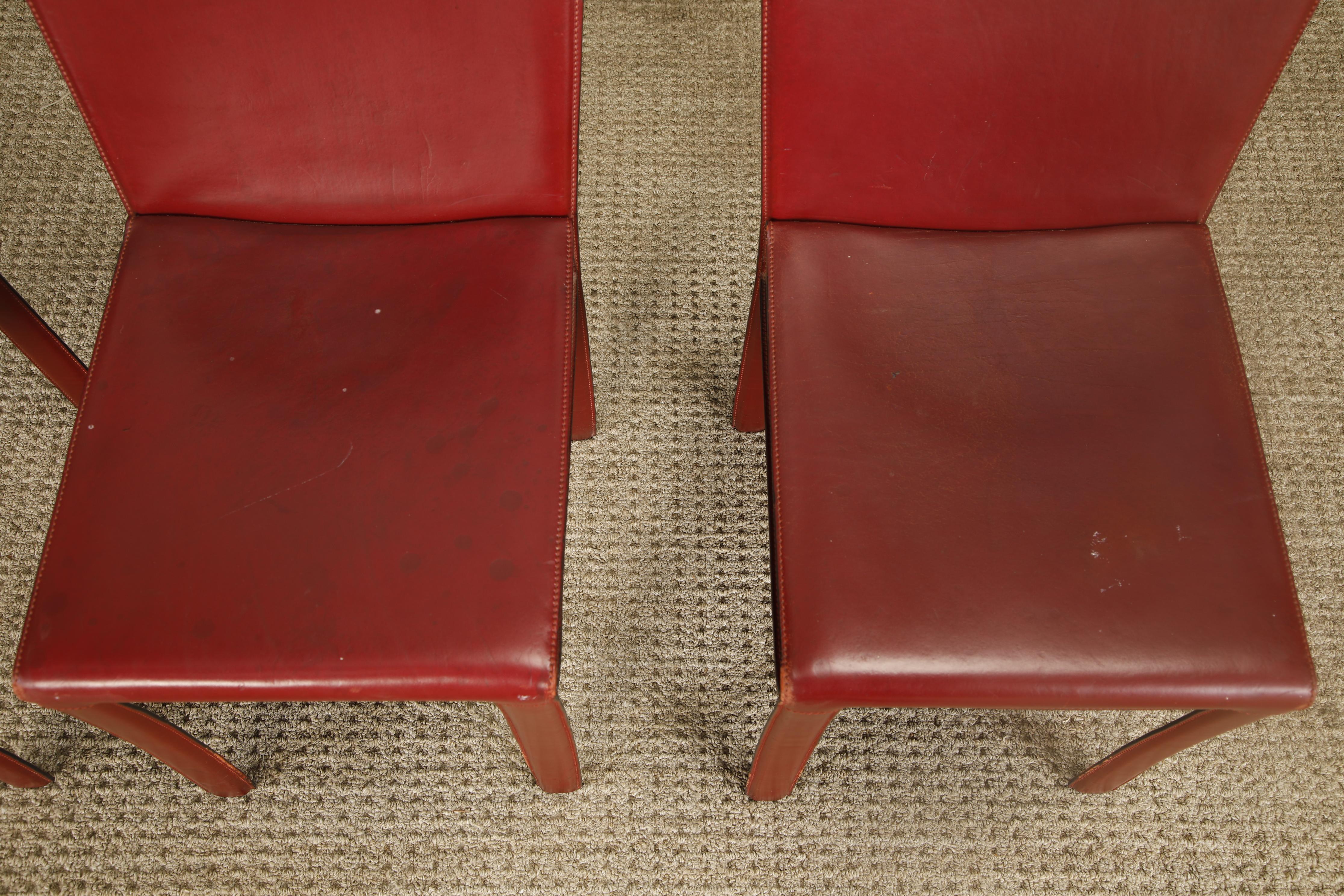 Set of 4 Zanotta Burgundy Leather Dining Chairs, Italy, 1980s, Signed In Good Condition For Sale In Los Angeles, CA