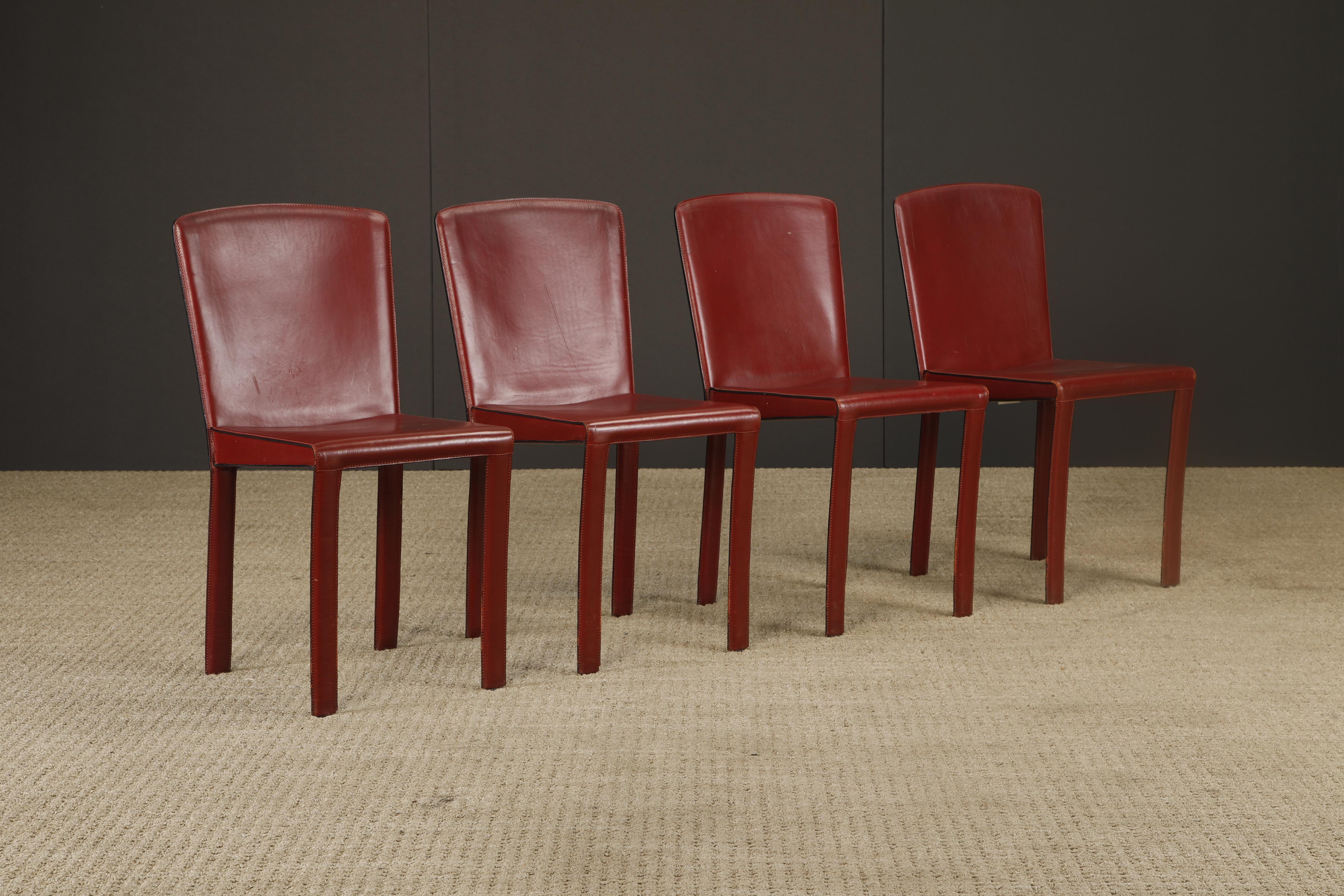 Late 20th Century Set of 4 Zanotta Burgundy Leather Dining Chairs, Italy, 1980s, Signed For Sale