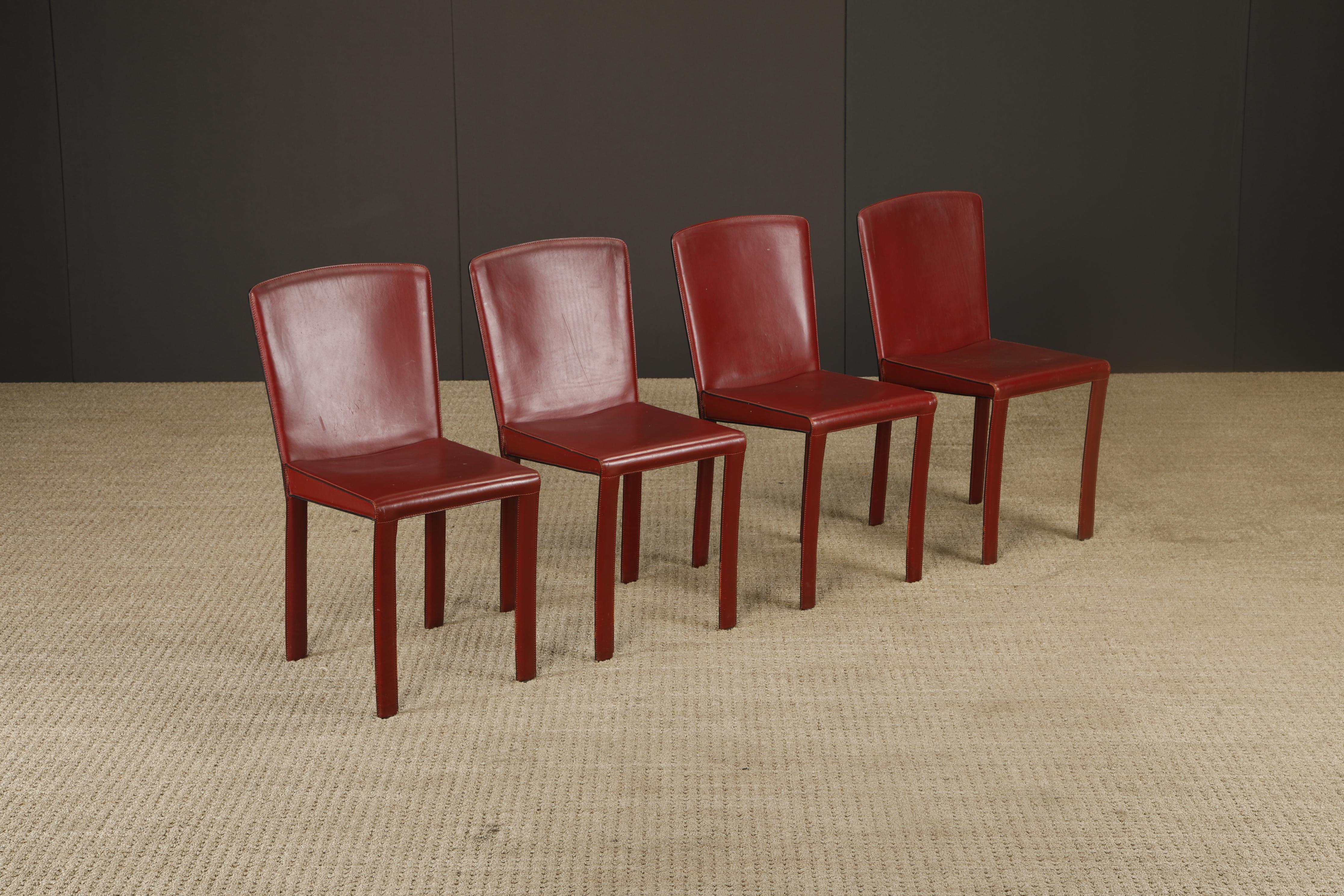 Set of 4 Zanotta Burgundy Leather Dining Chairs, Italy, 1980s, Signed For Sale 1