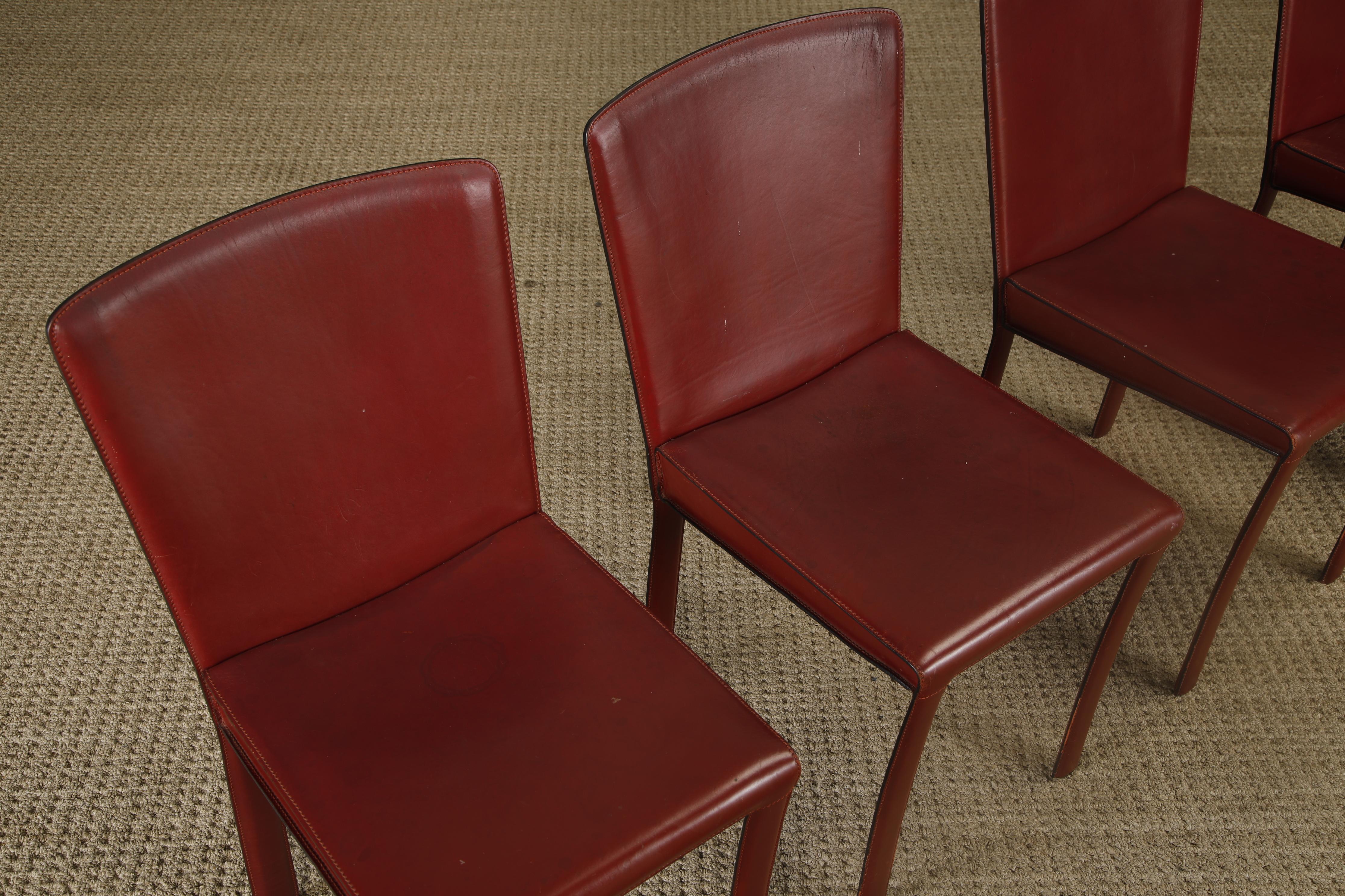 Set of 4 Zanotta Burgundy Leather Dining Chairs, Italy, 1980s, Signed For Sale 2