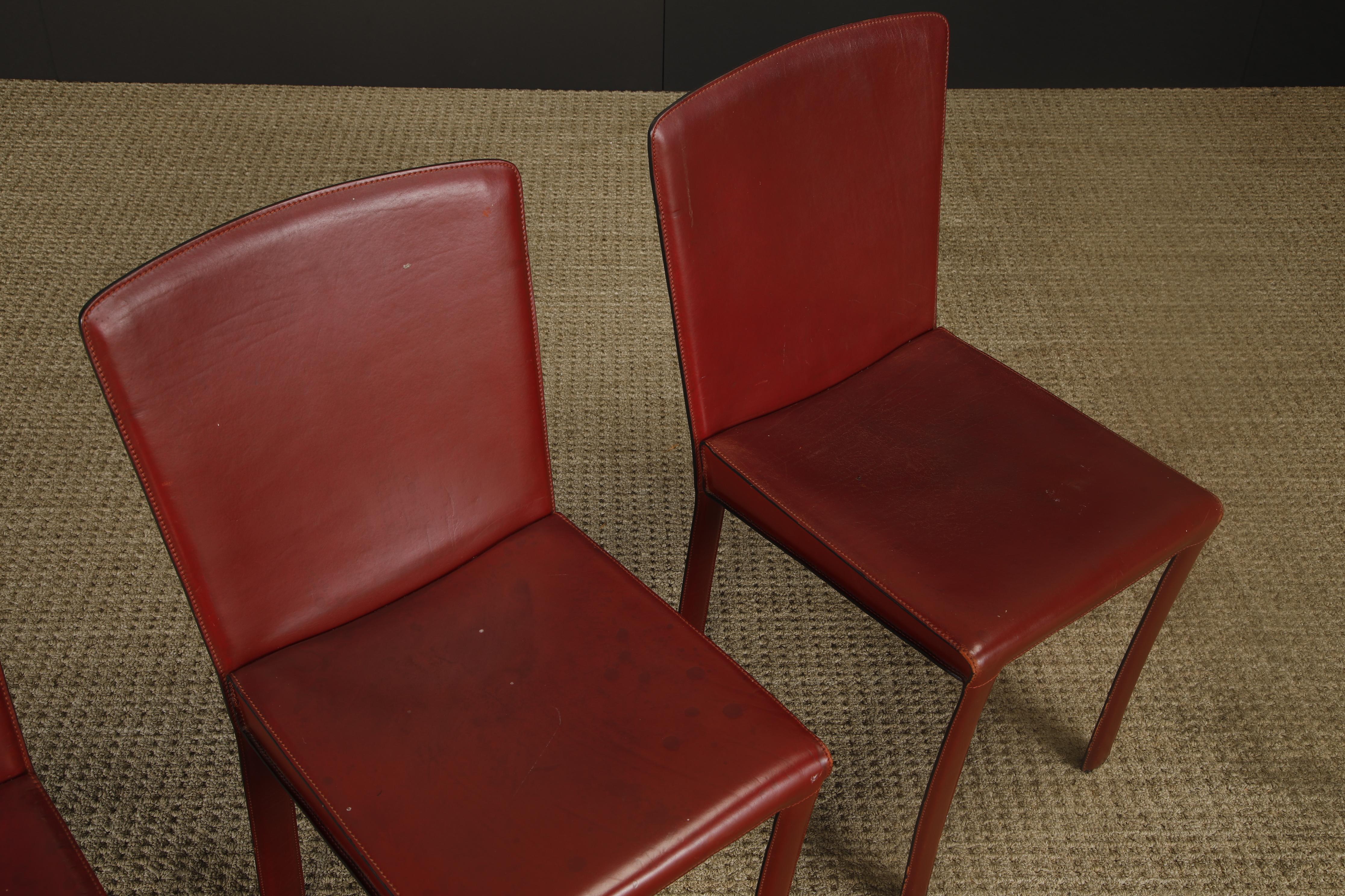 Set of 4 Zanotta Burgundy Leather Dining Chairs, Italy, 1980s, Signed For Sale 3