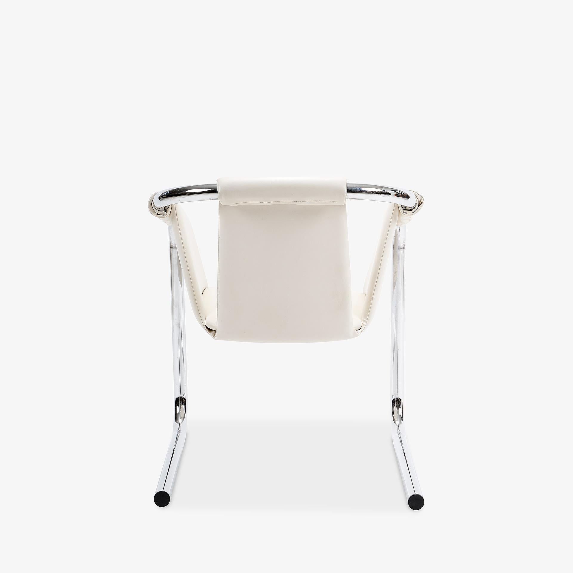 Bauhaus Set of 4 Zermatt Chrome & White Leather Sling Dining Chairs 1970s