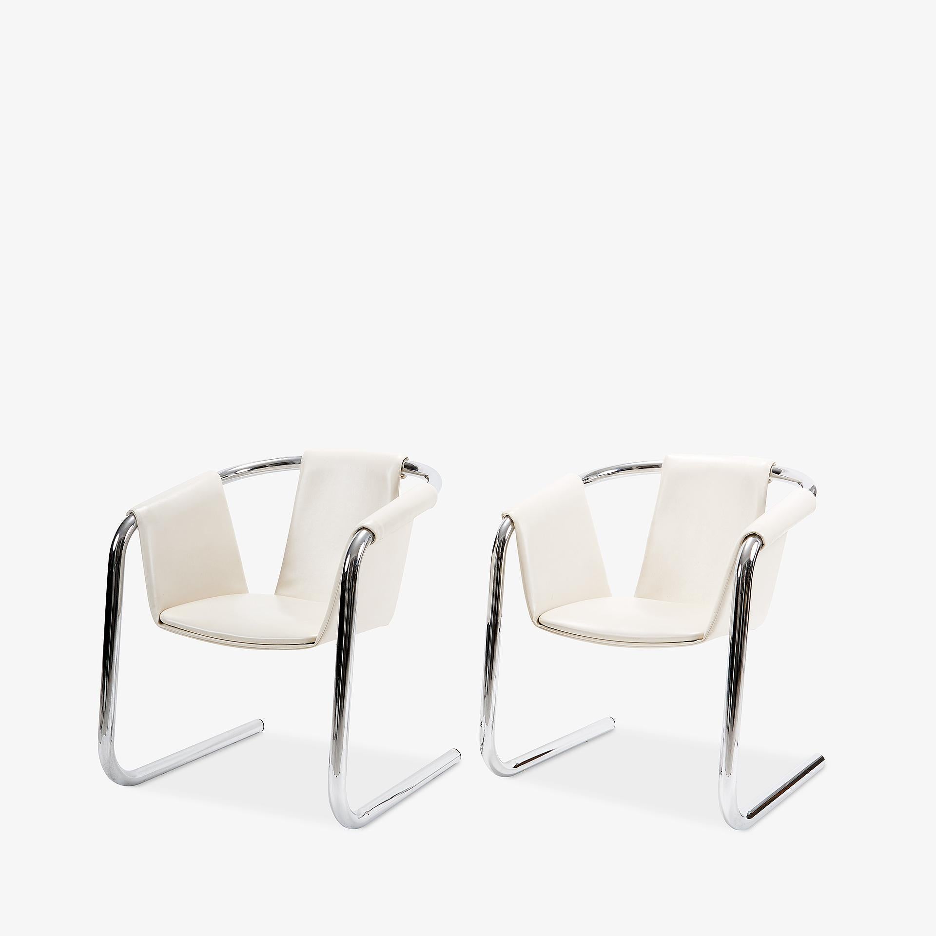 Italian Set of 4 Zermatt Chrome & White Leather Sling Dining Chairs 1970s