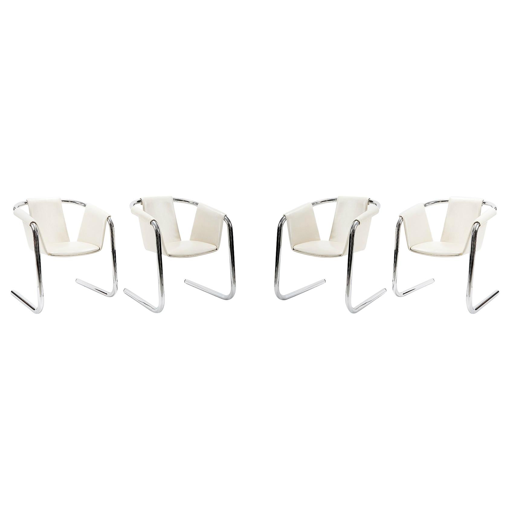 Set of 4 Zermatt Chrome & White Leather Sling Dining Chairs 1970s