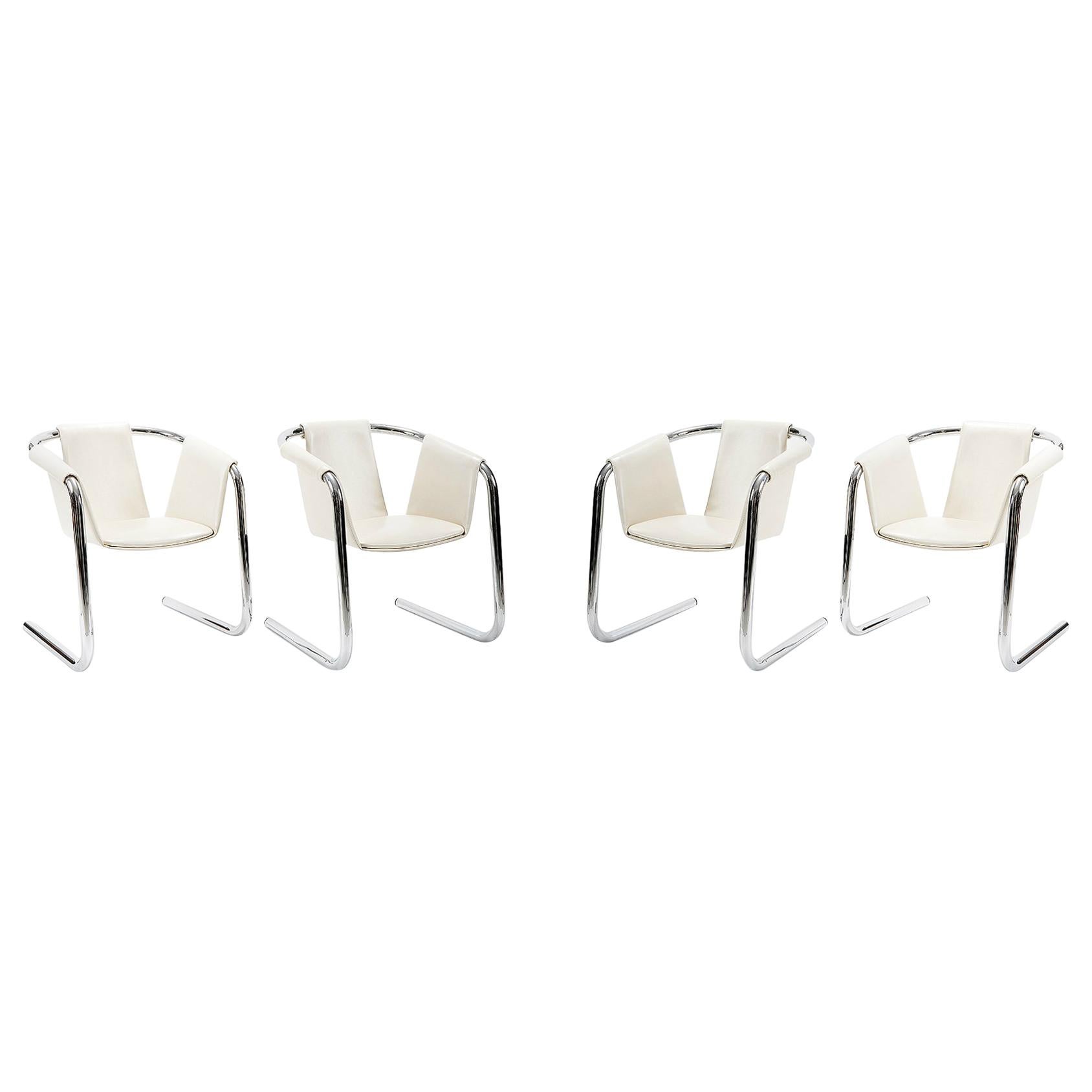 Set of 4 Zermatt Chrome & White Leather Sling Dining Chairs 1970s