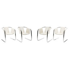Set of 4 Zermatt Chrome & White Leather Sling Dining Chairs 1970s