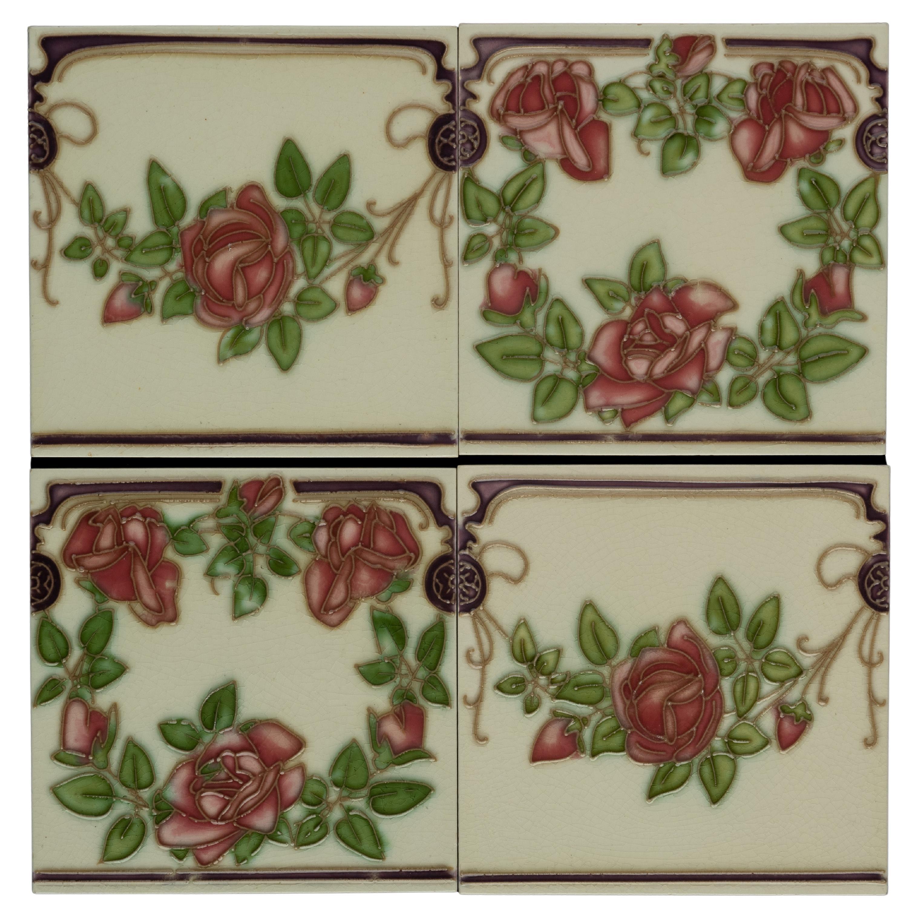 This is a special lot of 45 Art Nouveau tiles depicting a continuous decor with roses. The decor is applied in tube-lining technique. 

Slip clay is  placed in a sqeeze bulb fitted with a fine nozzle. As the bulb is squeezed, a thin line of clay is