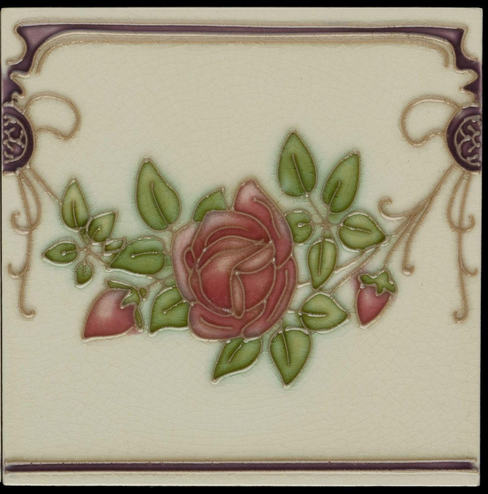 Belgian Set of 45 original Art Nouveau tiles decorated with roses C 1905 Belgium For Sale