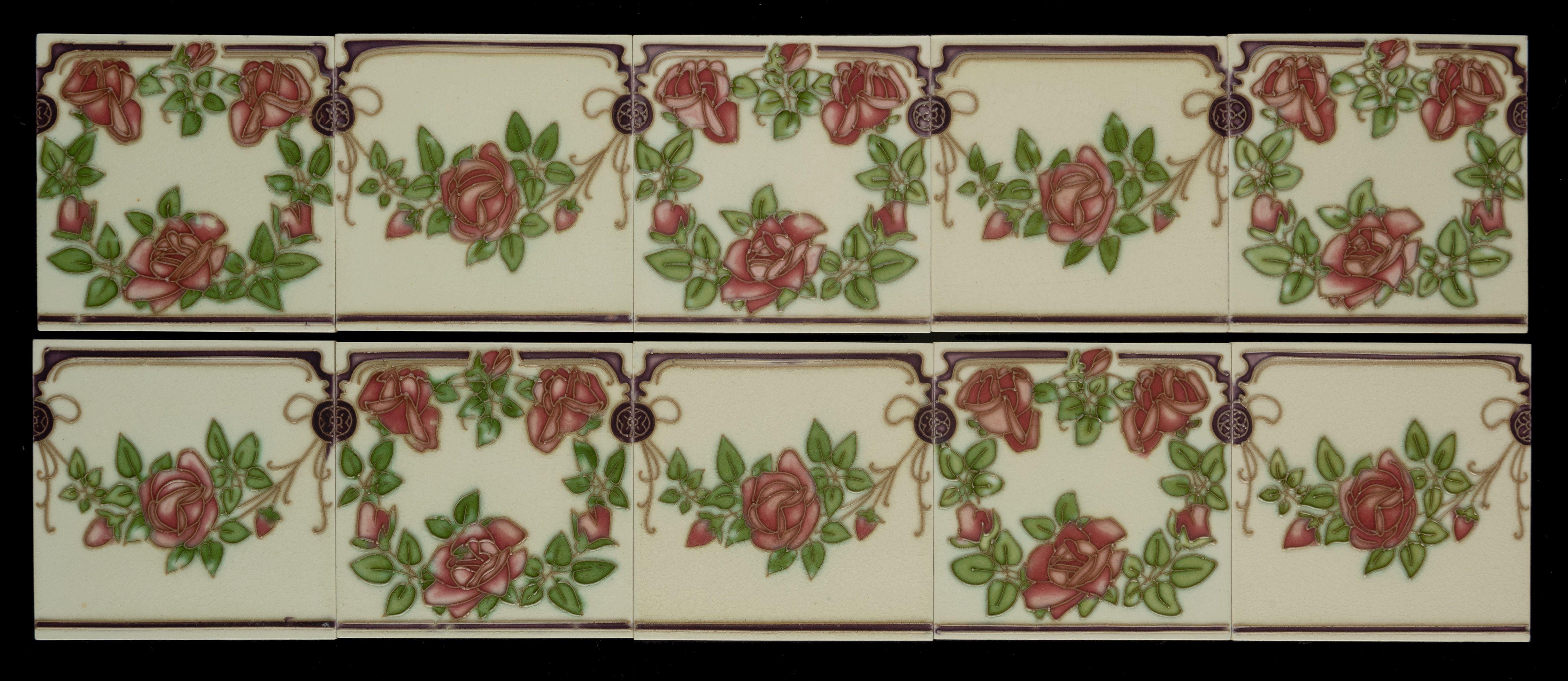 Early 20th Century Set of 45 original Art Nouveau tiles decorated with roses C 1905 Belgium For Sale