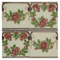 Set of 45 original Art Nouveau tiles decorated with roses C 1905 Belgium
