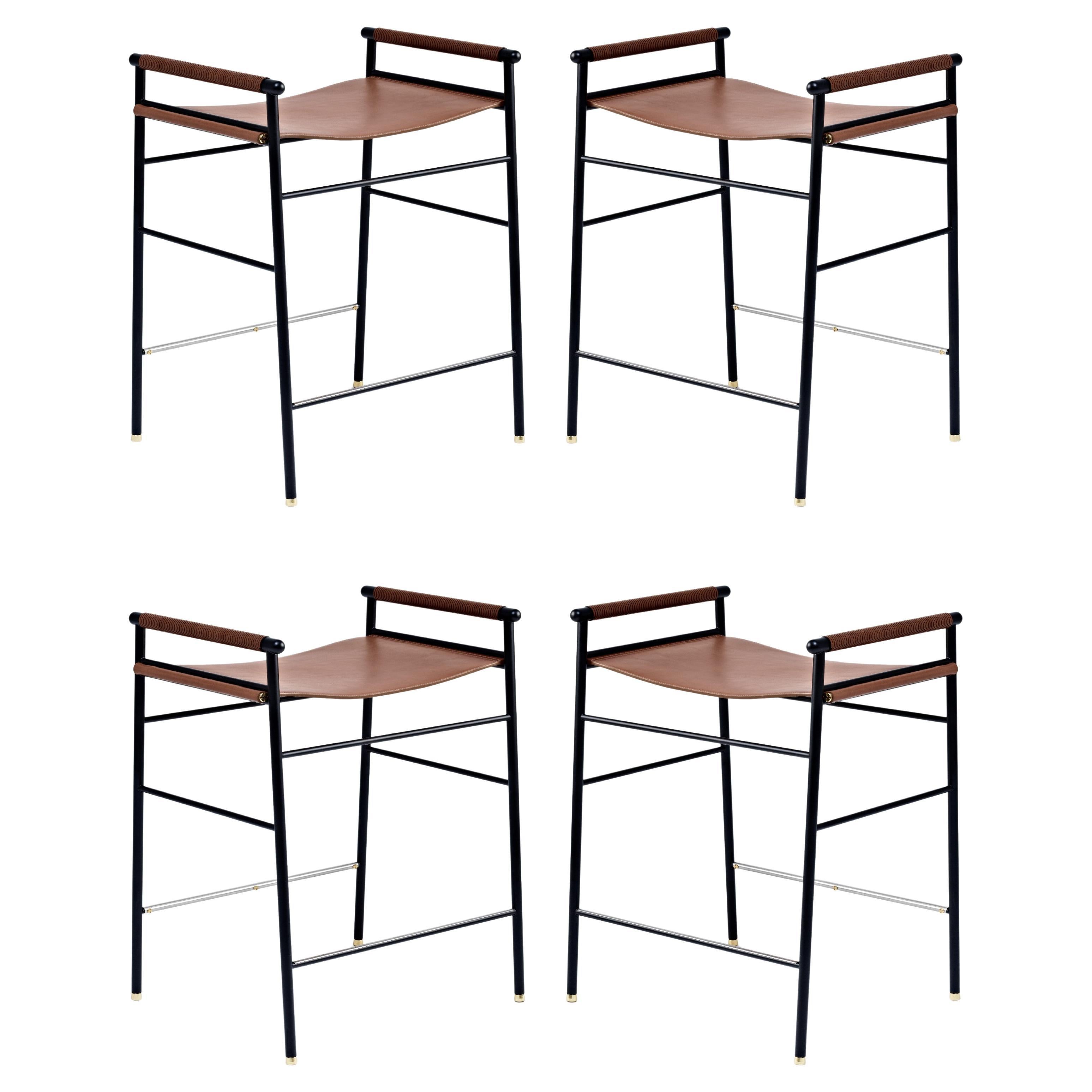 Set of 4 Contemporary Counter Bar Stool Dark Brown Leather Black Rubber Metal